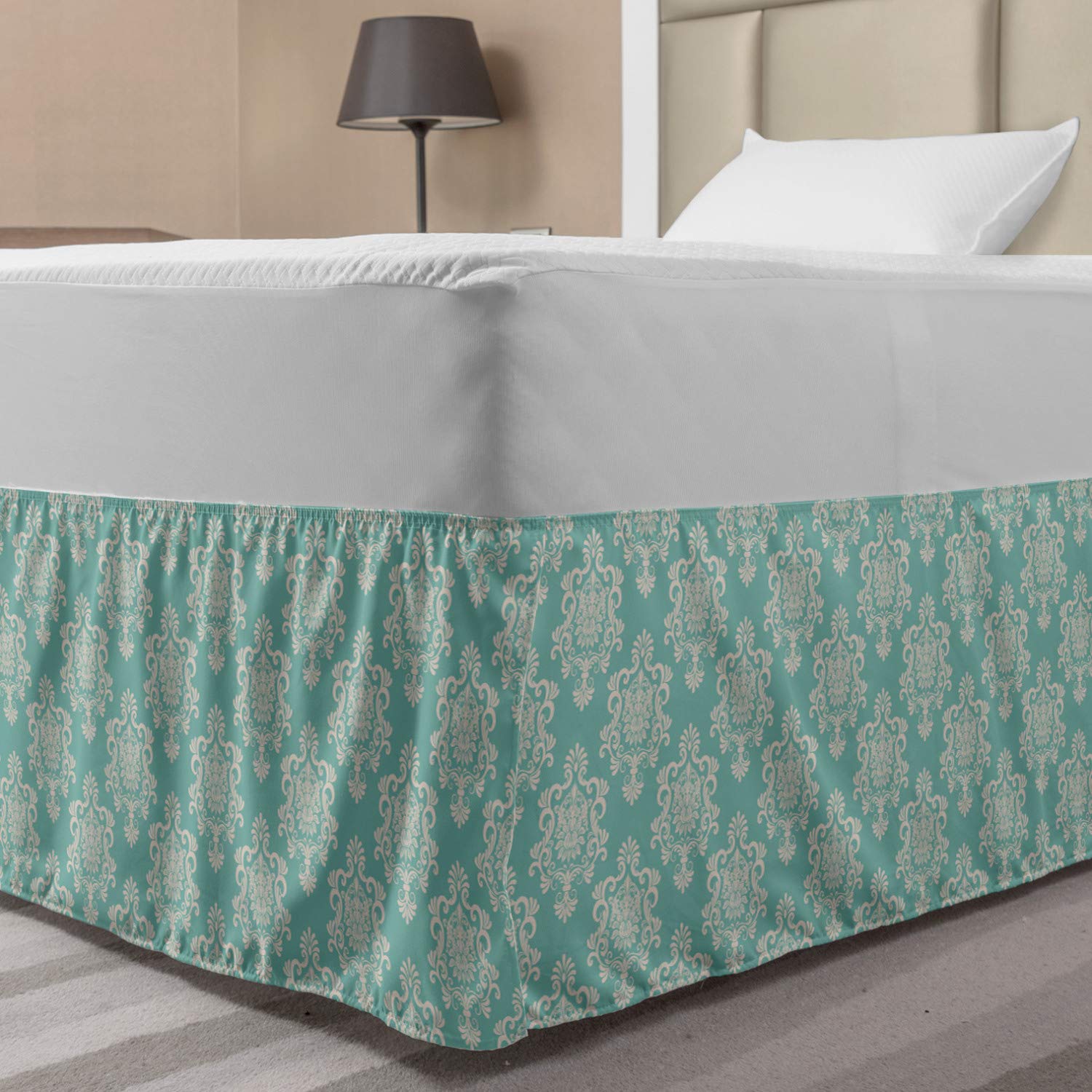 Lunarable Damask Bed Skirt Foliage Damask Pattern Illustration Nostalgic Shape in Vintage Colors Print Elastic Bedskirt Dust Ruffle