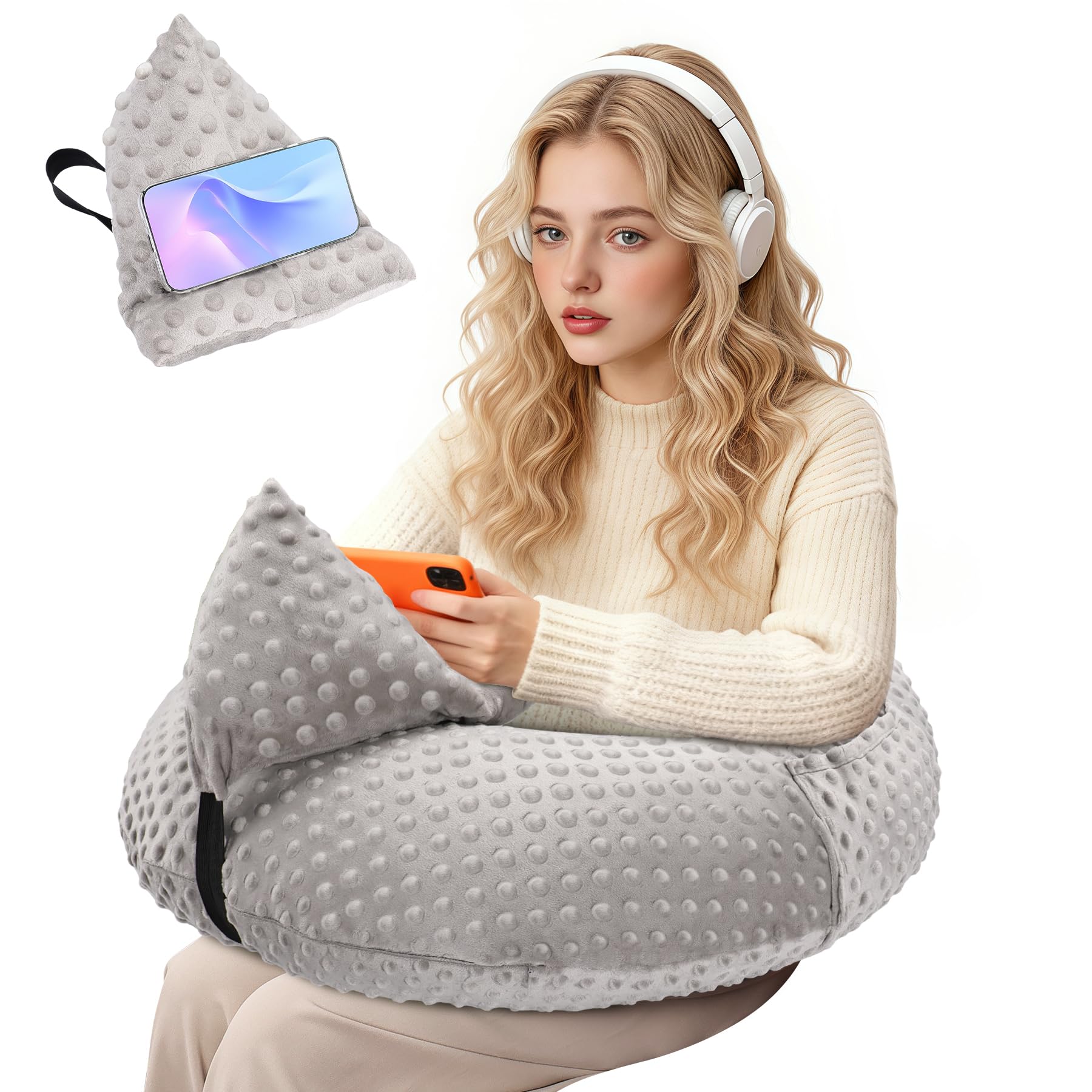 WENRENER Reading Pillow for Gaming, Arm Rest Support Pillow, Multi-Purpose Reading Pillow for Gaming/Working/Nursing, U-Shaped Lap Pillow with Side Pocket for Bed & Sofa, Gray
