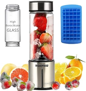 Mélangeur à smoothie portable Roseview avec bouteille en verre, mélangeur personnel sans fil, mini mélangeurs pour smoothies, mixeur portable, extracteur de jus, mélangeur USB rechargeable
