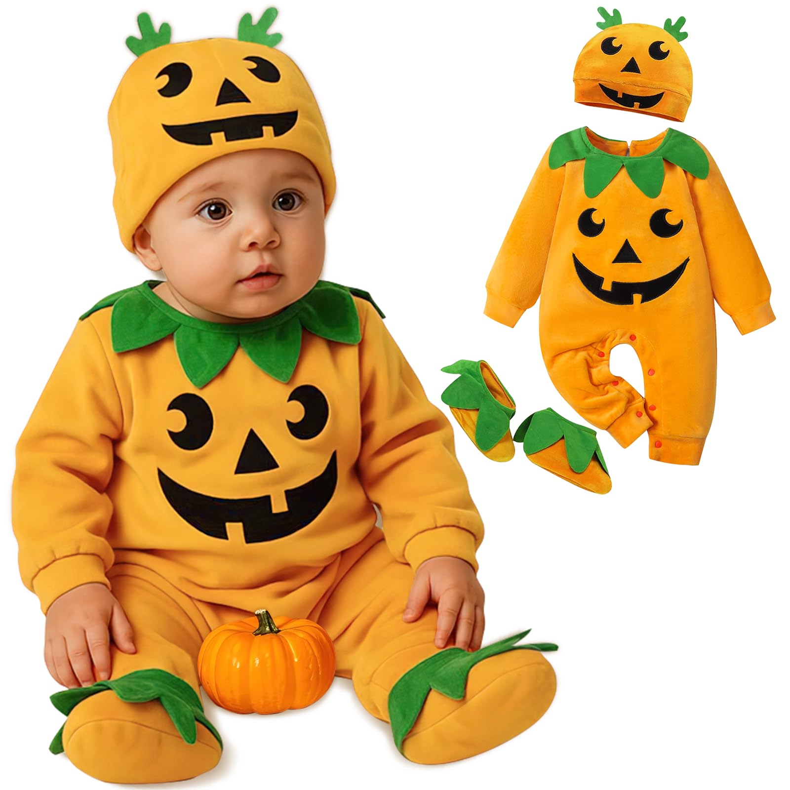3Pcs Baby Halloween Costume,Cute Infant Pumpkin Outfit Hoodie 6-12M