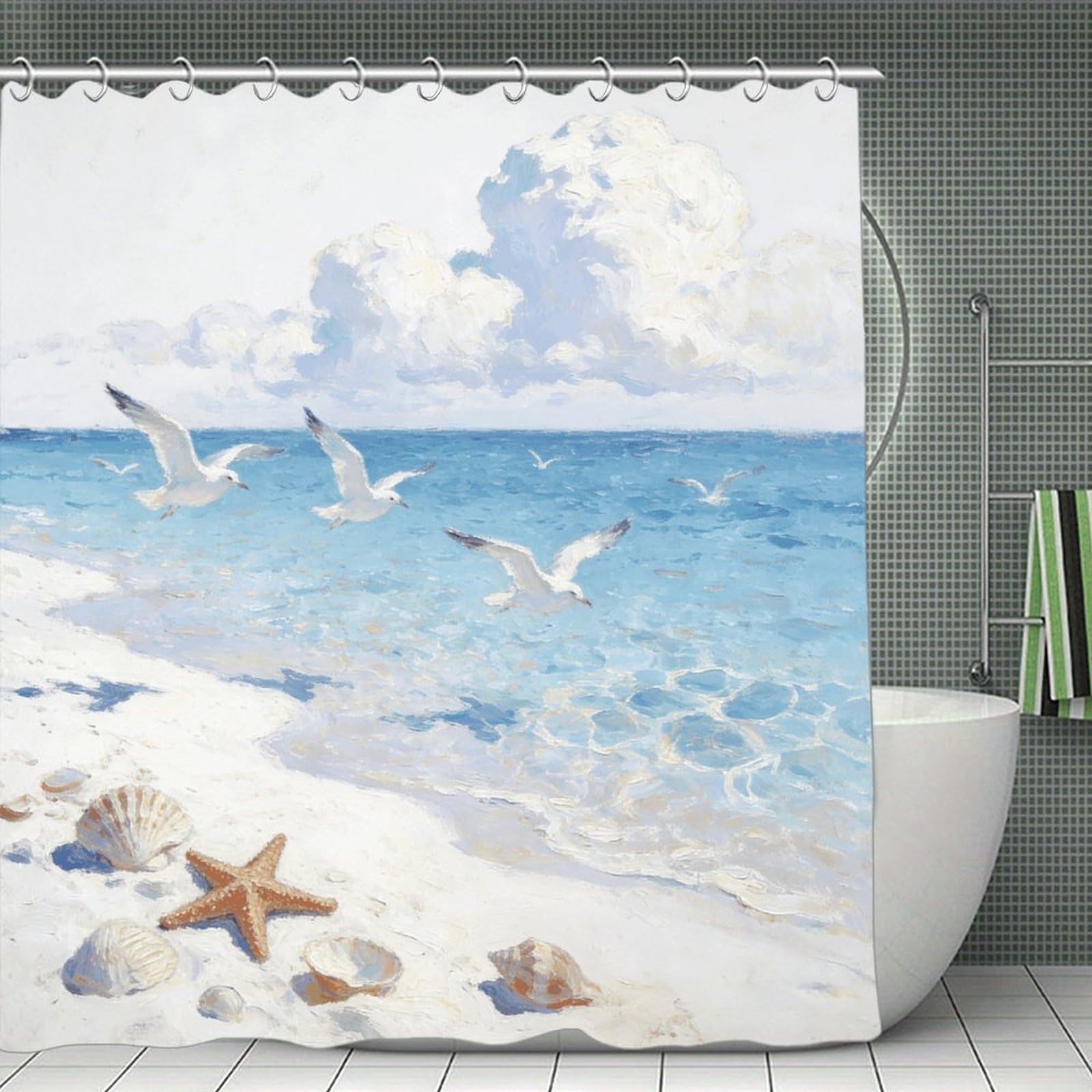 VstaDank Waves, Sands, and Seagulls' Shadows Shower Curtain Light-Weight Blackout Bathroom Curtain Washable Shower Liner 71x71 Inch Bath Curtain with Metal Holes Bathtub Bath Room