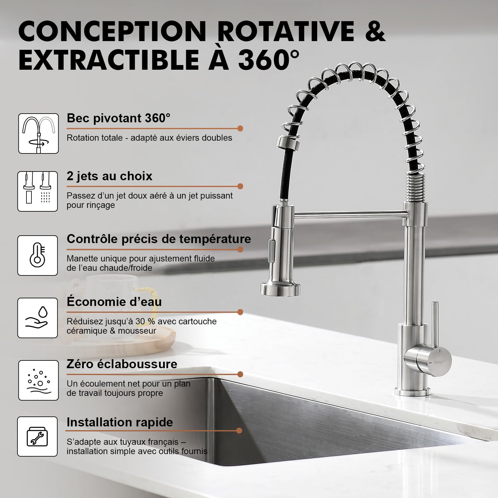 Ibergrif Robinet Cuisine, Mitigeur Cuisine Avec Douchette Extractible, Robinet D'Évier À Arc Élevé Rotatif À 360°, Avec Deux Fonctions De Pulvérisation, Acier Inoxydable, M22143A