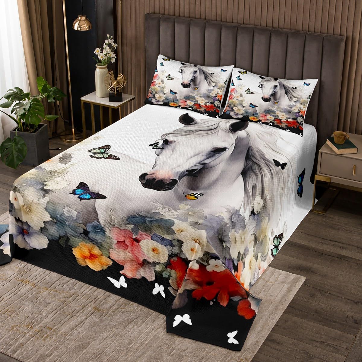 Feelyou Horse Coverlet Set Floral Butterflies Bedspread for Kids Boys Girls Children White Galloping Horse Quilt Set Ultra Soft Decor 3D Wild Animal Pattern Quilted Bedroom Collection Twin Size