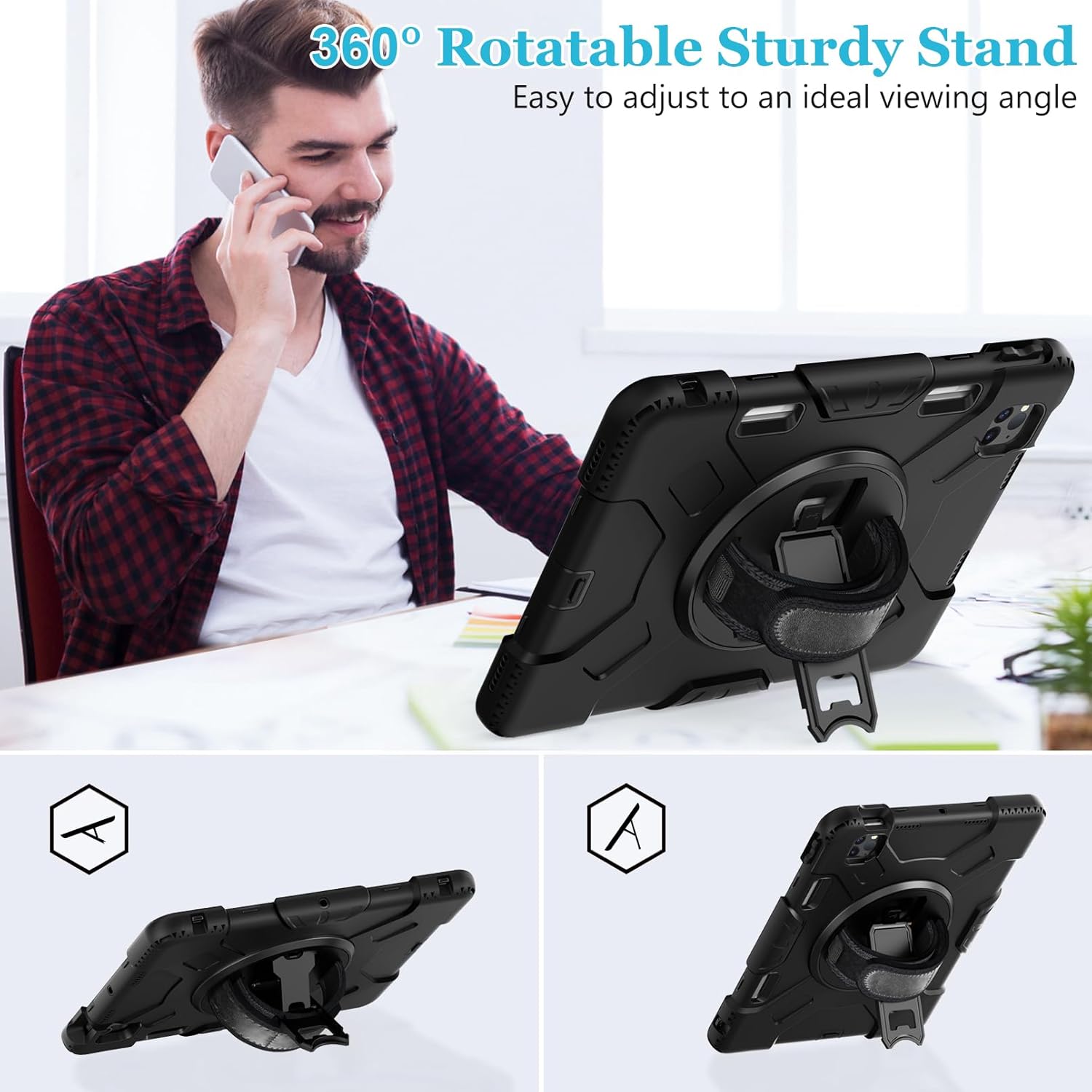 Case for iPad Pro 11 Inch (2022/2021/ 2020/2018): Silicone Cover for iPad 11 (4th/ 3rd/ 2nd/ 1st) Generation with Screen Protector- Stand- Handle- Shoulder Strap- Pencil Holder- Black - Image 3