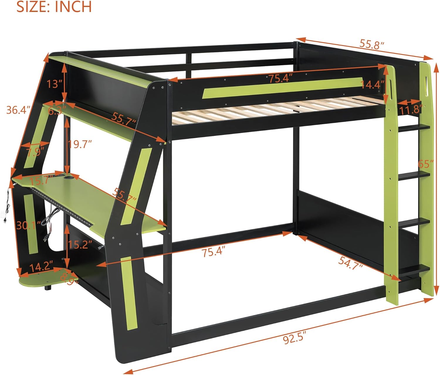Full Size Wood Gaming Bunk Bed with Desk and Storage Shelves, Full Size Loft Bunk Bed with RGB Lights and Charging Station, Wooden Bunk Bed for Gaming Setup for Boys Teens Adults, Green