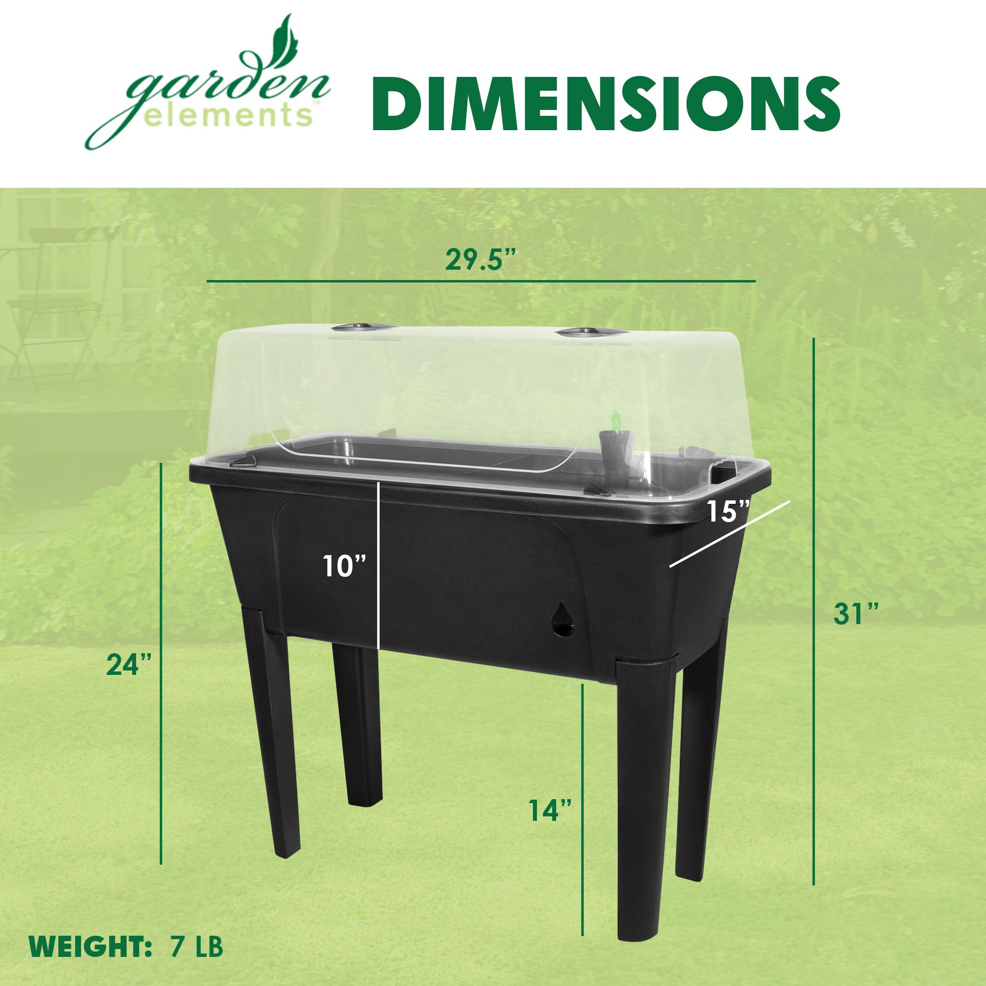 Garden Elements Cama de jardín elevada negra de 29.5 x 15 pulgadas, maceta de riego automático con cúpula de cultivo ventilada para verduras, hierbas y semillas en interiores y exteriores