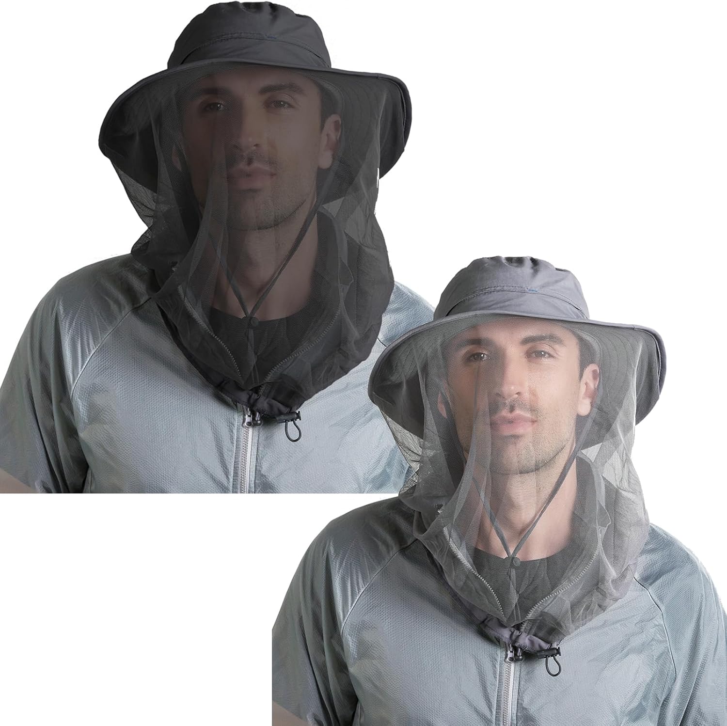 Peicees 2Pcs Head Net Hats for Men Women Adventure Fishing Hat Safari Hat for Hunting Camping Hiking, Black and Dark Gray