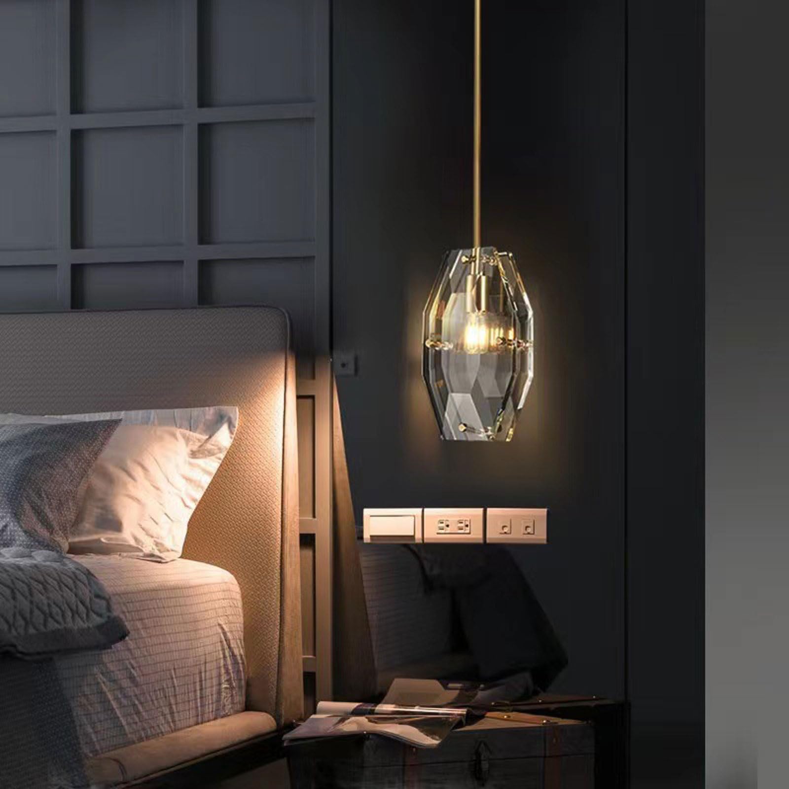 Lampada a sospensione in ottone per camera da letto, lampada a sospensione in cristallo a doppia faccia ad alta trasparenza, lampadario creativo sfaccettato, adatto per isole cucina