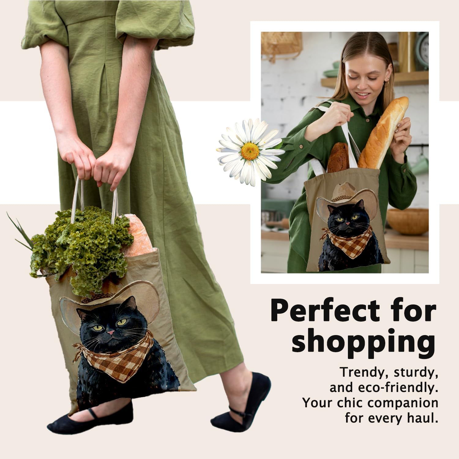 Cute Black Cat Canvas Tote Bag Aesthetic Flowers Reusable Shopping Grocery Bags Birthday Gifts for Women & Teen Girls - Image 6