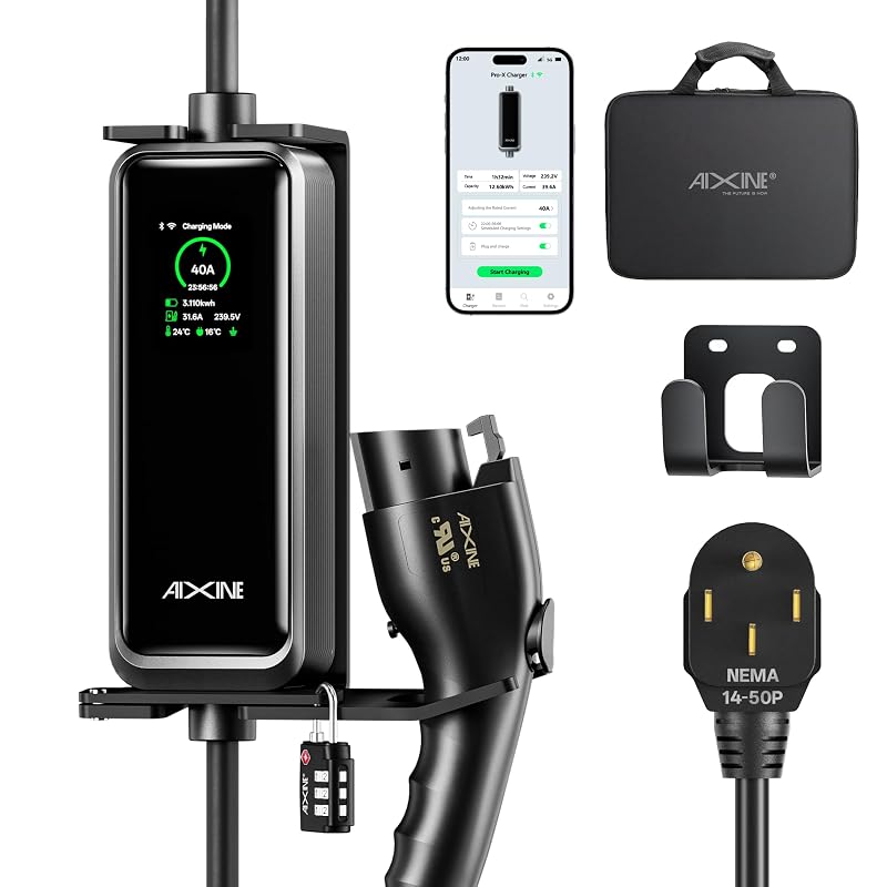 Carregador para Veículo Elétrico Nível 2 AIXINE 40 A com Wi-Fi, APP, J1772, cabo de 7,62 m e plugue NEMA 14-50