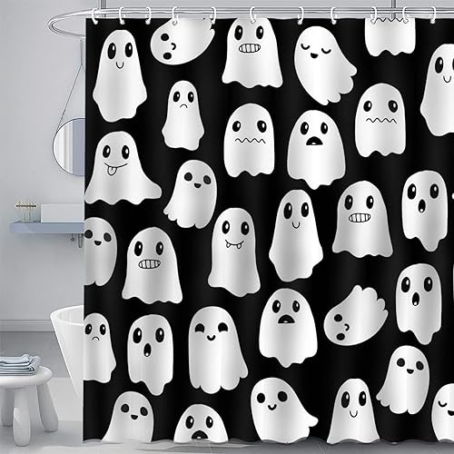 Mocsicka Cortina de ducha de Halloween, fantasma, impermeable, juego de cortina de ducha con 12 ganchos, 72 x 72 pulgadas