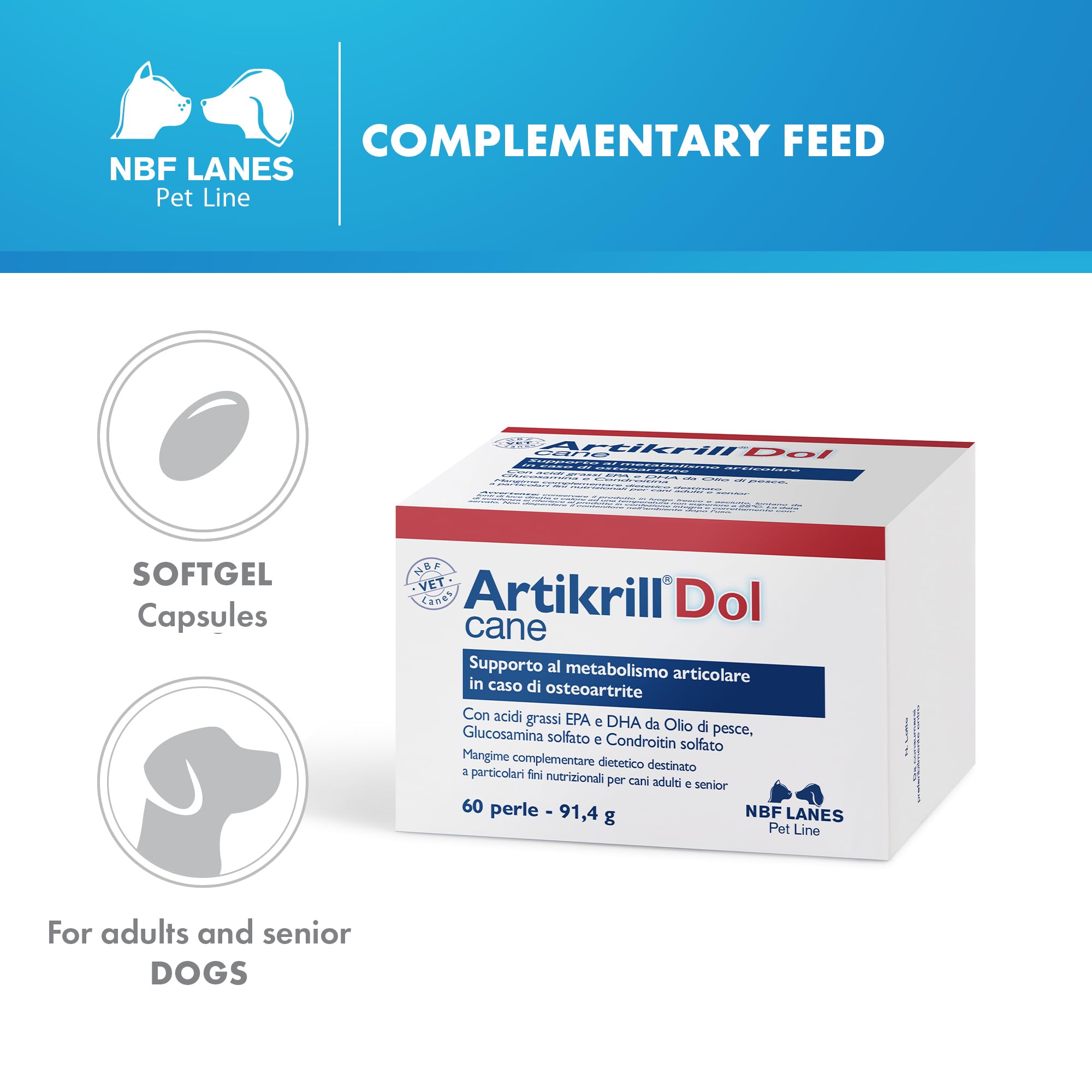 NBF Lanes | Artikrill Dol Cane, 60 Perle Appetibili, Supporto Metabolismo Articolare in caso di Osteoartrite del Cane Adulto e Senior