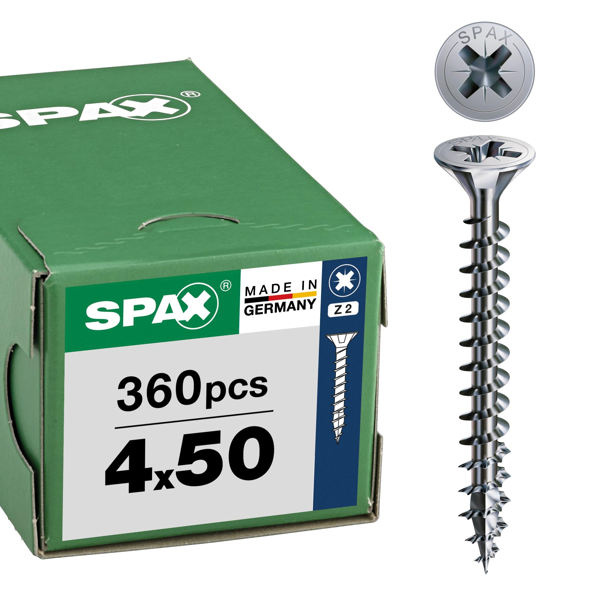 SPAX Tornillo Universal 4 x 50 mm, Z2, 360 pzas., Cabeza Avellanada, WIROX | Tornillos para madera con rosca completa, punta 4CUT y perfil ondulado para un atornillado rápido sin taladrado previo