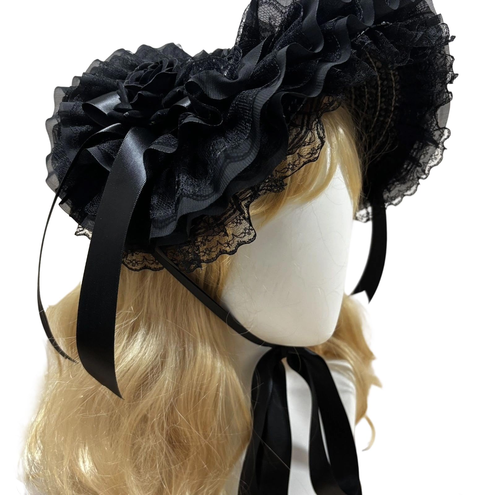 NVOQILIN Victorian Lace Trim Straw Hat Dark Series Headwear Large Bowknot Bonnet Hat for Amime Theme Event Photography Headpiece Roleplay Headwear for Special Occasion