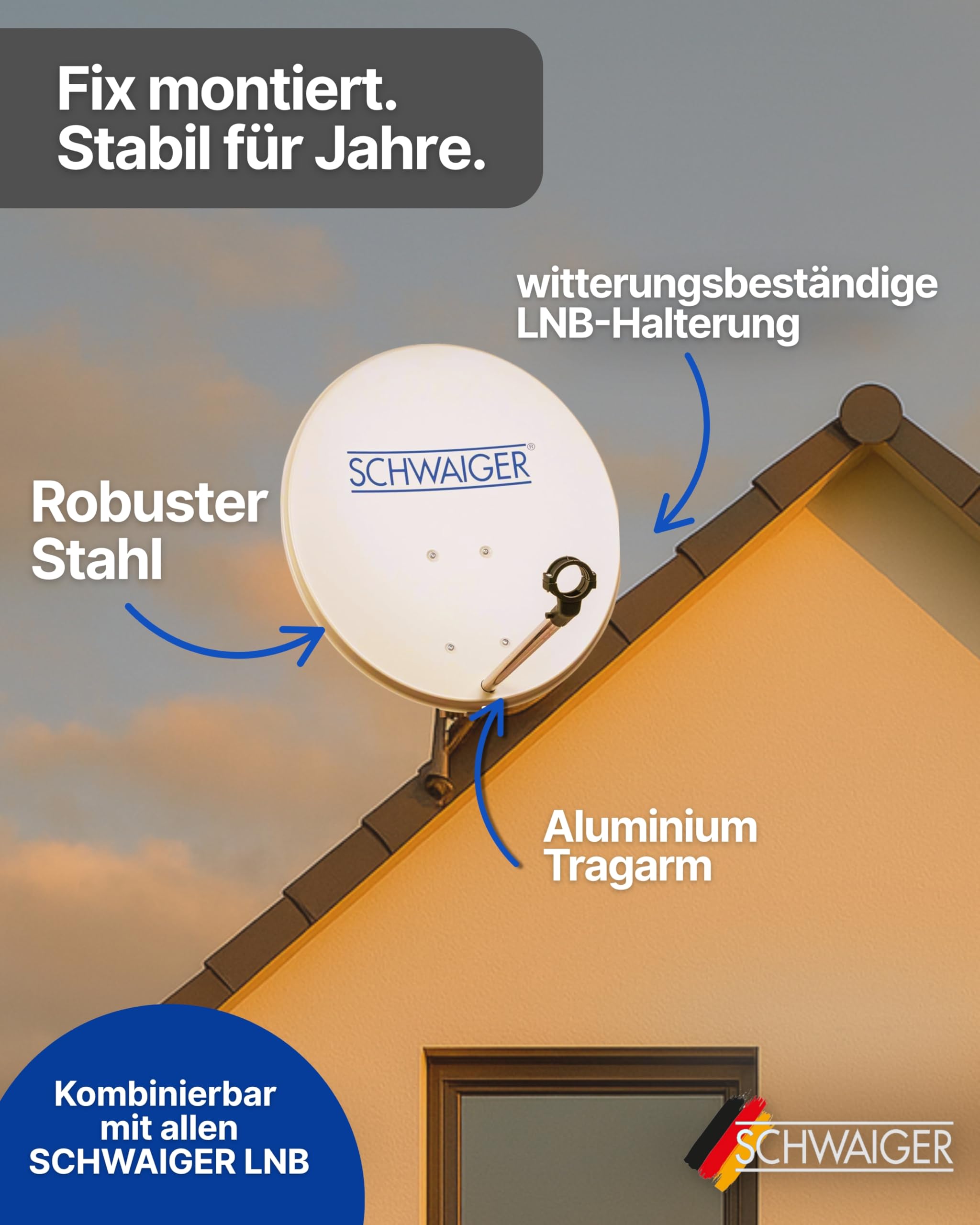 Schwaiger Satellitenschüssel Komplettset I Ø 80 cm Stahl Offset Antenne in Hellgrau I Inkl. Twin LNB 2-Fach & HD SAT-Receiver mit Fernbedienung I Digital HD Empfang I Integrierte Kabelführung