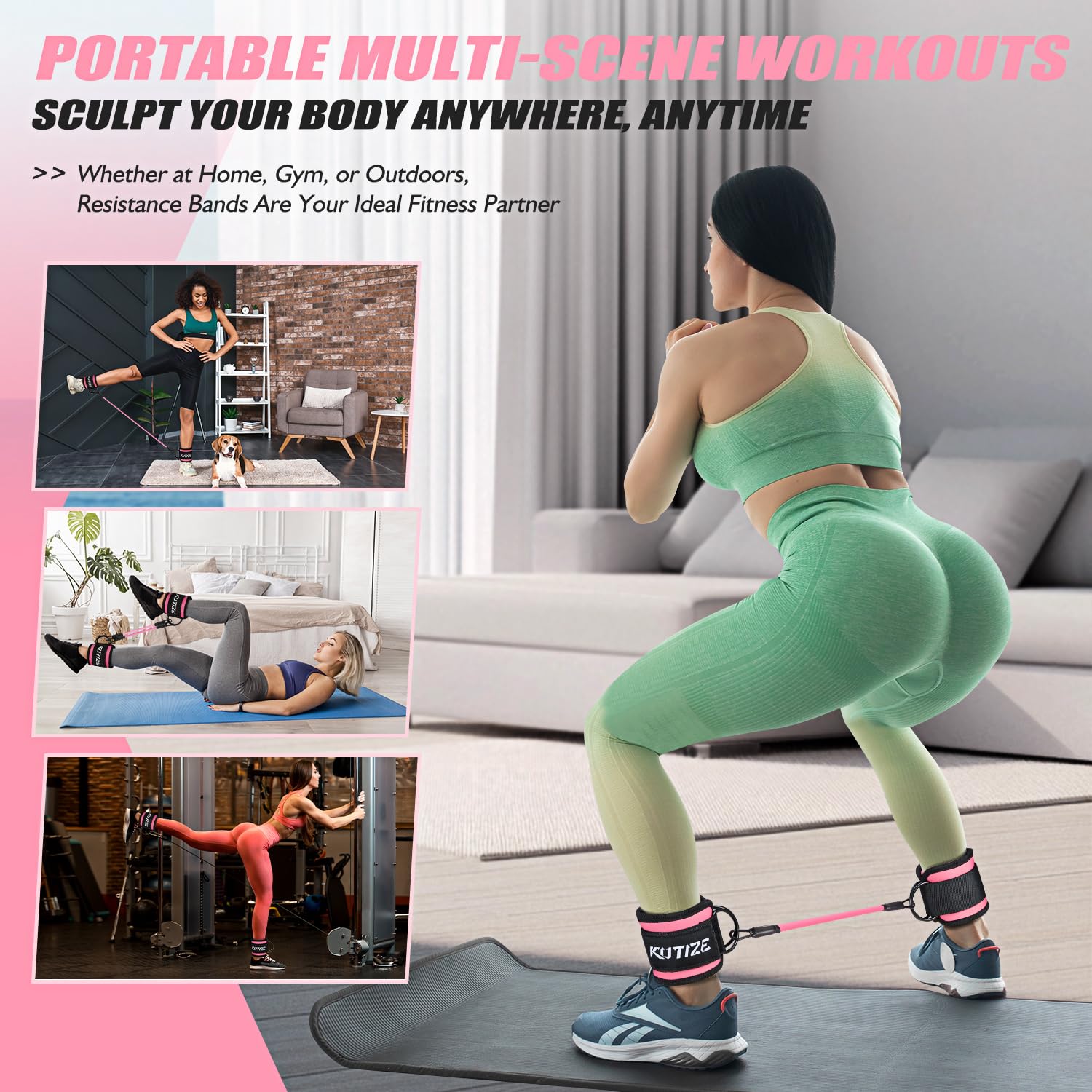 Bandas de resistencia al tobillo con puños y guía de entrenamiento, equipo de entrenamiento de piernas/glúteos para mujer para fitness en casa, bandas de ejercicio de empuje de cadera