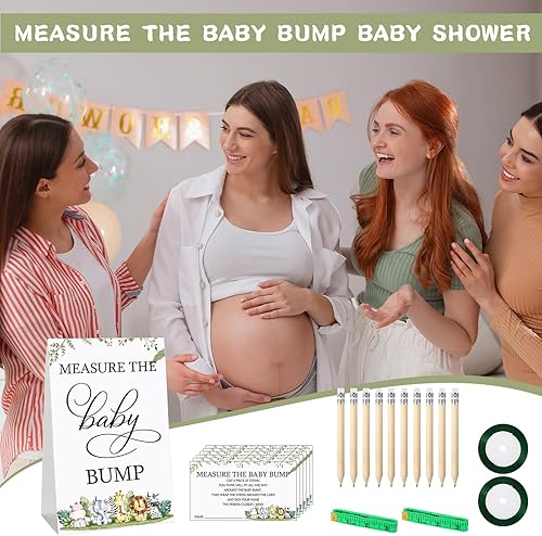 Miniatura 7 de Juego de 65 piezas para baby shower, 1 letrero de medición de la protuberancia del bebé, juego de medir el vientre de mamá y 50 tarjetas de