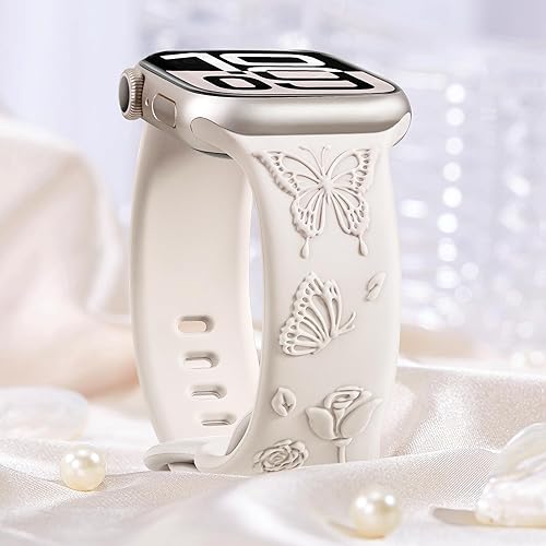 Miniatura 5 de Melyis Correa de silicona suave grabada con diseño floral y mariposa compatible con Apple Watch para mujer de 1.732 in 1.772 in 1.654 in 1.929 in,