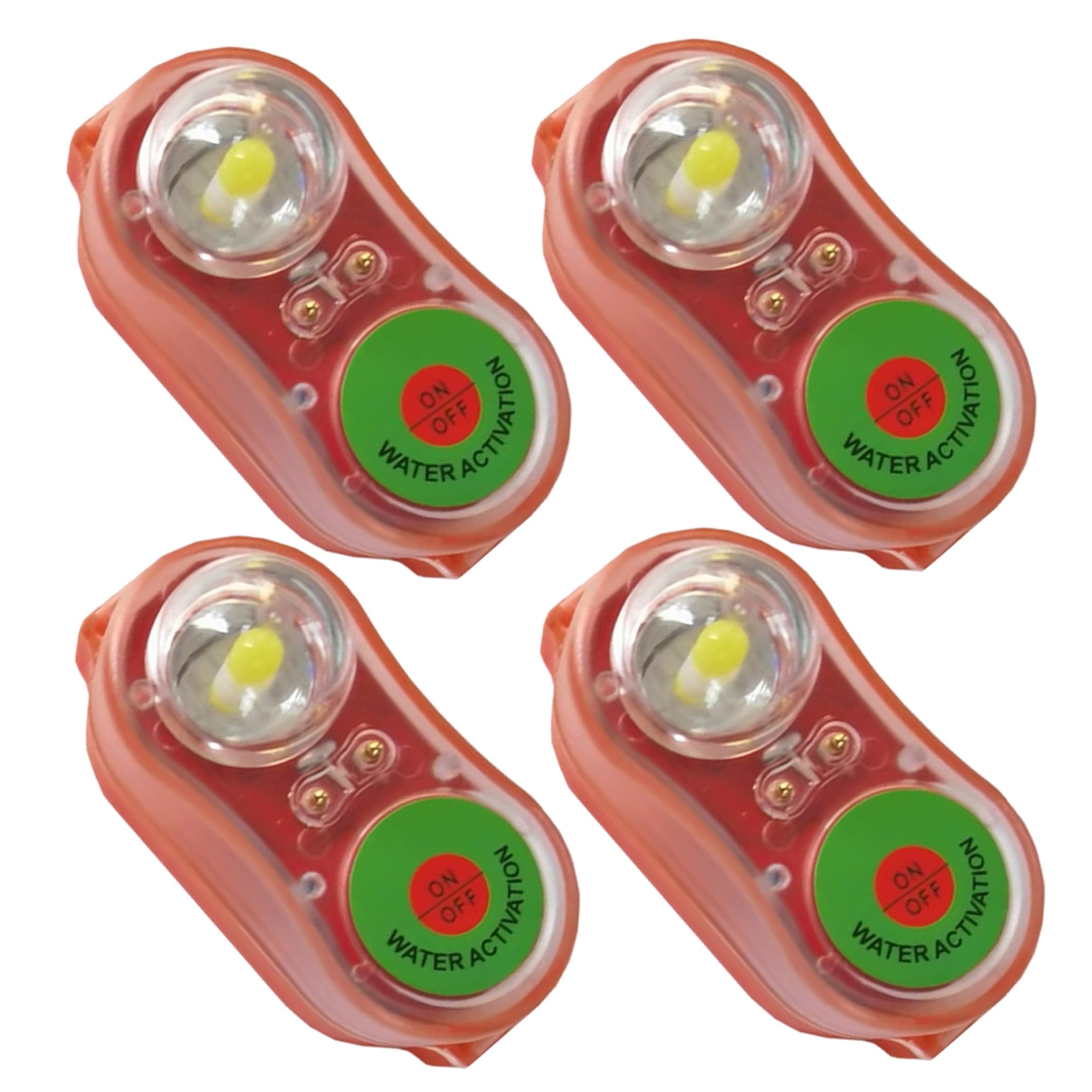 Confezione da 4 luci di Emergenza attivate dall'acqua per Giubbotto di Salvataggio per Adulti - Luce per Giubbotto di Salvataggio Approvata 150N, Arancione Rosso