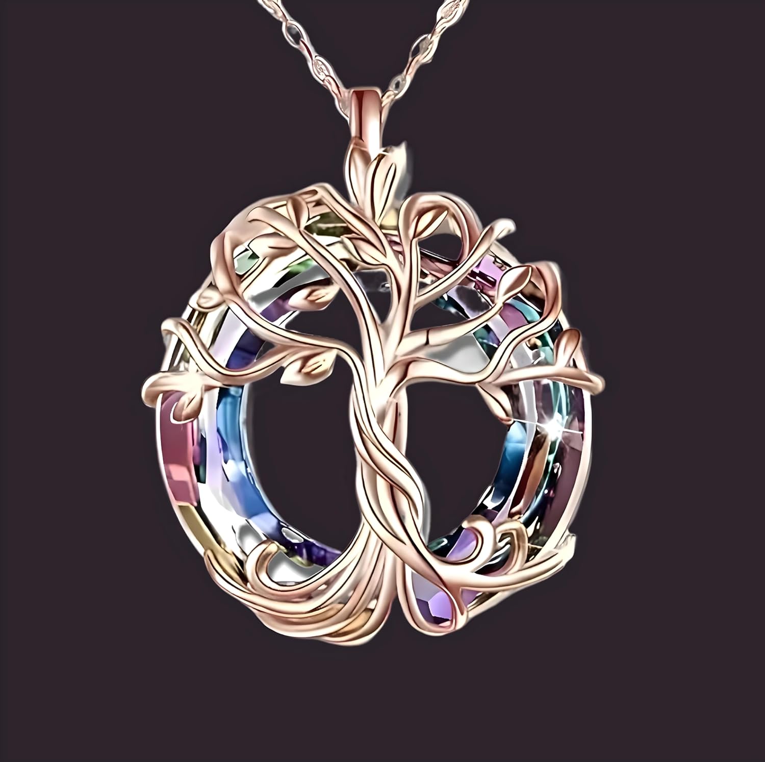 SUPAC Tree of Life Swing, Sloth, Horse + Other Styles Pendant Necklace, Silver Chain, Crystal Rainbow Background - Gift for Friends