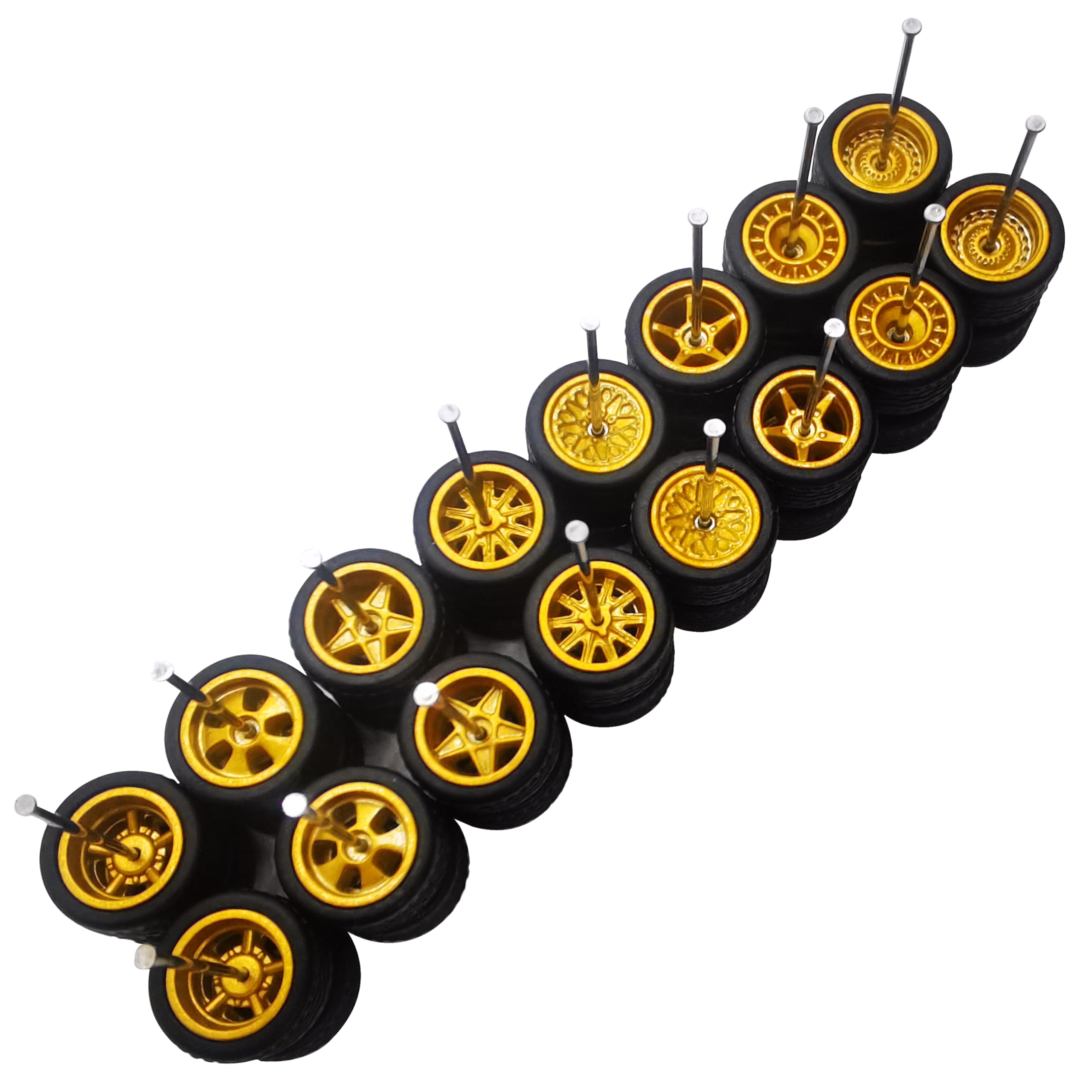8 Set 1/64 Scale Wheels, 1 64 Wheels and Tires Set with 8 Styles Simulation Wheel Hub & Rubber Tires, 1/64 Wheels Suitable for Beginner DIY Modification 1/64 Diecast Cars (Gold)