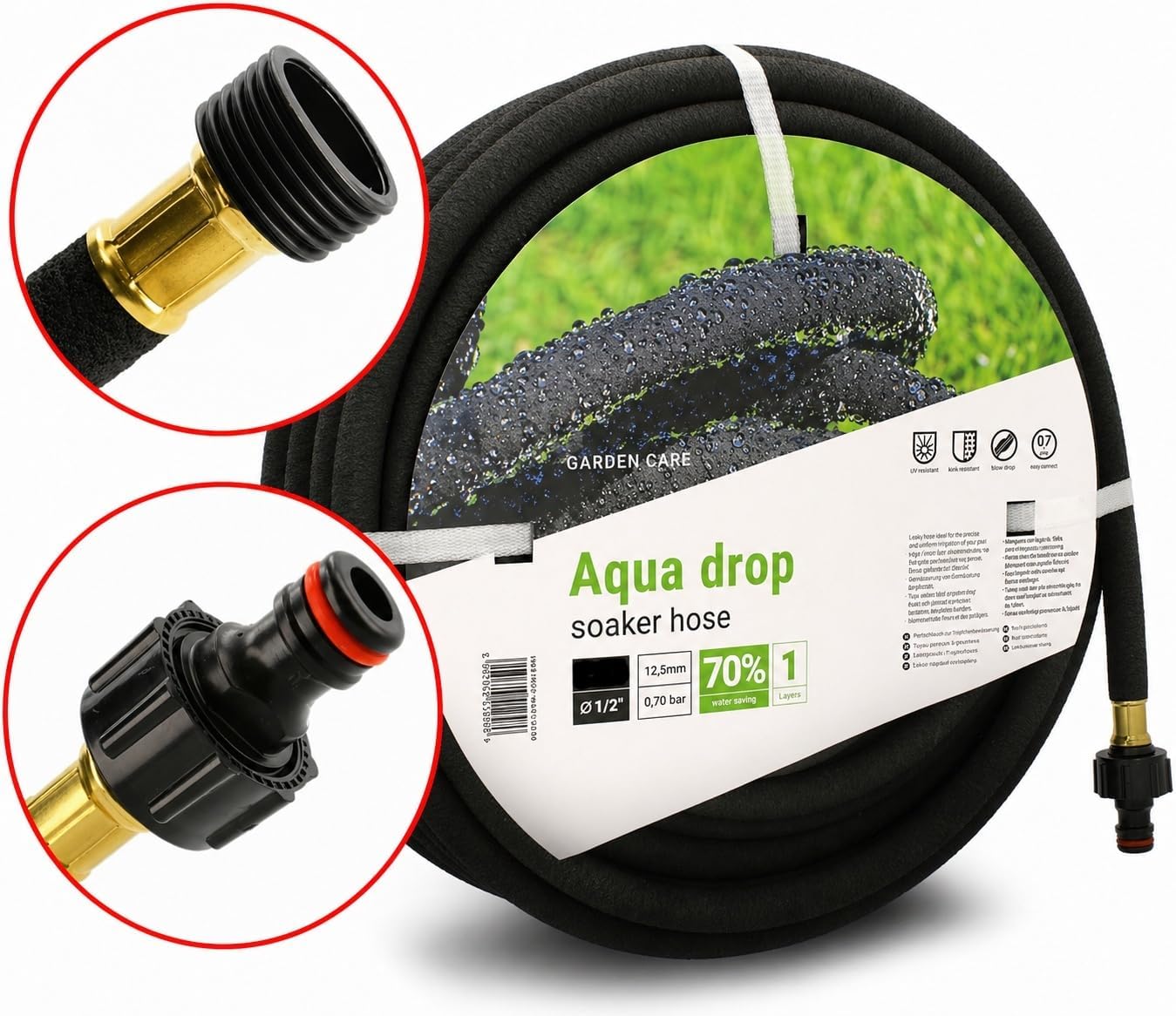 BirnePower Perlschlauch AQUA-DROP 100m, 1/2 Zoll Tropfschlauch zur Bewässerung, Wassersparend bis zu 70%, UV-Beständig, Inkl. Druckminderer & Anschlüssen für Garten, Hecken & Beete, Schwarz
