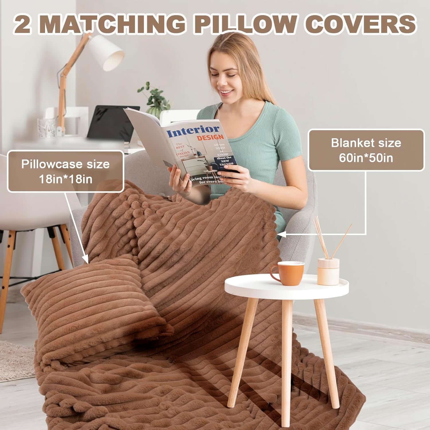 Blanket & Throw Pillow Covers Set - Dual-Sided Faux Fur Fluffy Blanket (50" x 60"), 2 Pcs Cozy Plush Throw Pillow Cover (18" x 18"), Soft Fuzzy Decorative Coach Decor for Bed Sofa Living Room, Brown - Image 2