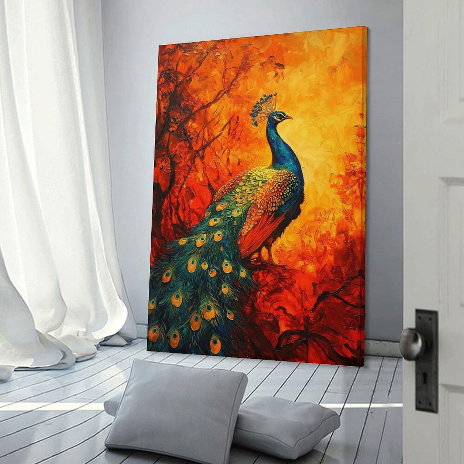 Junmoney Peacock in Fiery Forest Hanging Wall Art 08x12inch(20x30cm), for Study, Office Or Focused Interiors, Wall Art That Adds Style to Work Areas