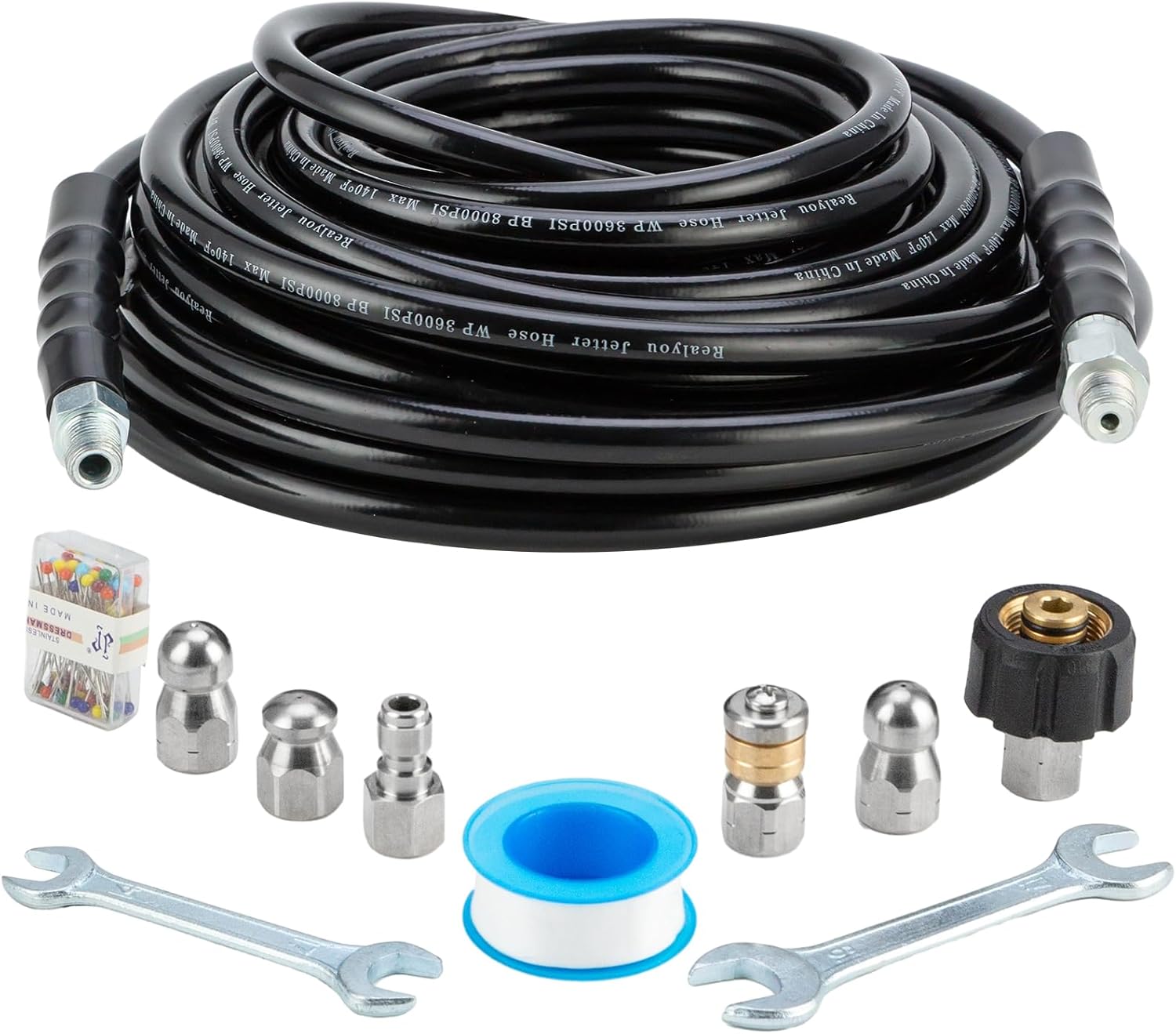 Sewer Jetter Kit 100FT for Pressure Washer, Pressure Washer Drain Jetter with 5800PSI Cleaner Hose 1/4 Inch NPT, Corner, Rotating & Button Nose Sewer Jetting Nozzle Spanner Waterproof Tape Pearl Pin