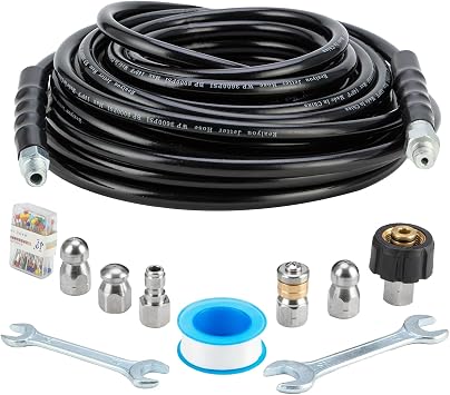 Sewer Jetter Kit 50FT for Pressure Washer, Pressure Washer Drain Jetter with 5800PSI Cleaner Hose 1/4 Inch NPT, Corner, Rotating & Button Nose Sewer Jetting Nozzle Spanner Waterproof Tape Pearl Pin
