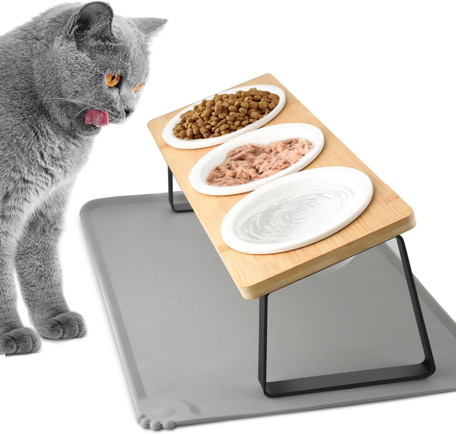 Otoomenz Cat Bowl, Ceramic Cat Food Bowls With 15° Tilted Wood Stand,2