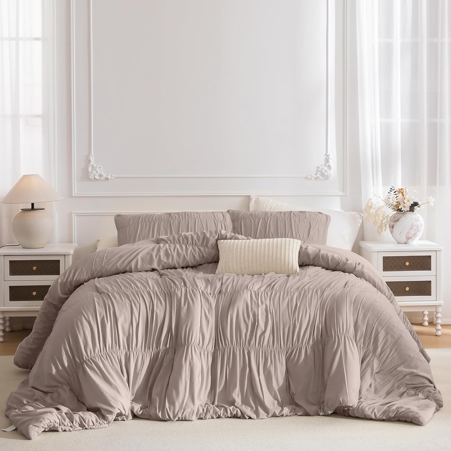 Lady Ann King Bed Comforter Set Camel Ruched King Boho Bedding Comforter Set 104x90 for Bedroom Ultra Soft & Luxurious 3 Piece Fluffy Bed Sets