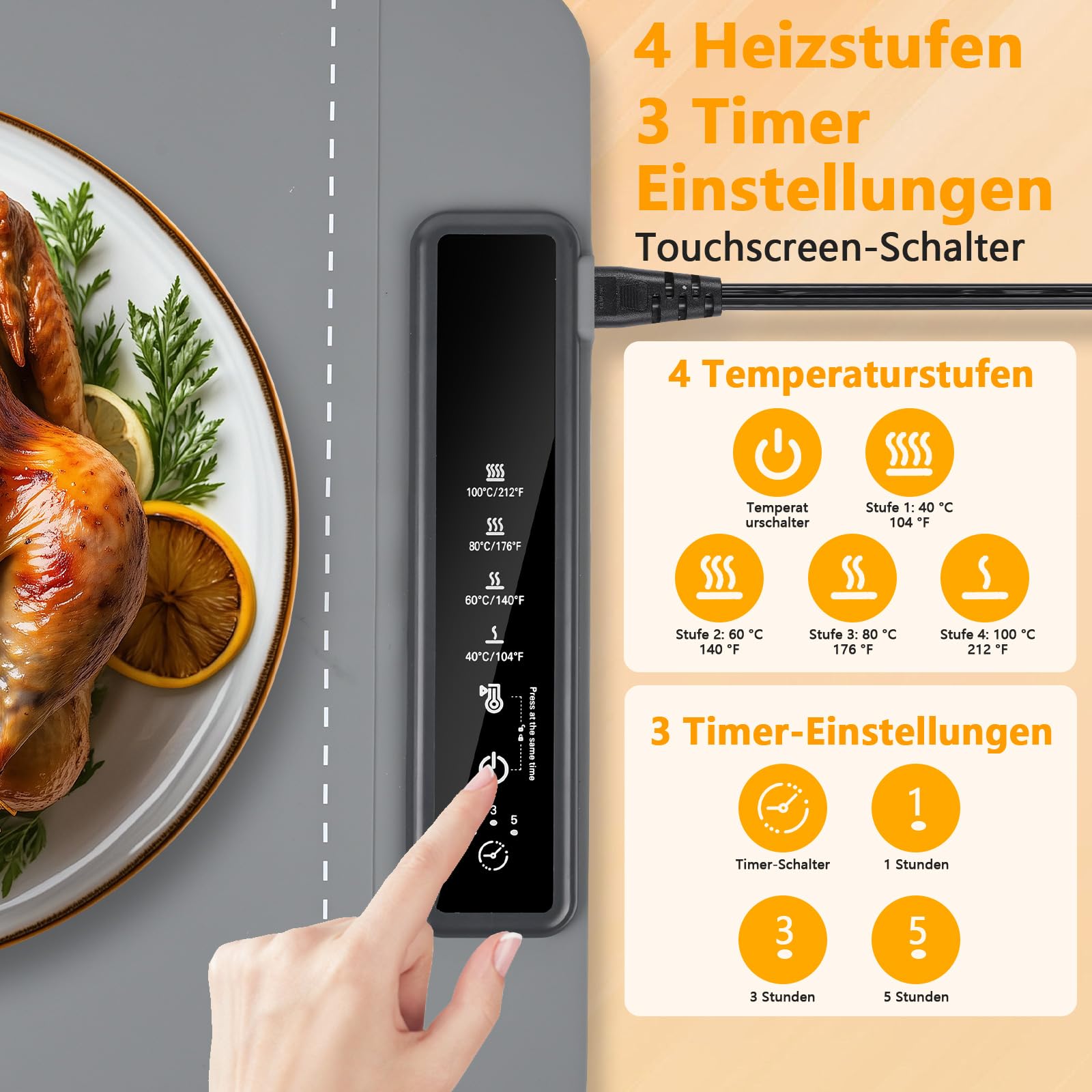 Vassoio Riscaldante Elettrico, Scaldavivande Elettrico Portatile Regolabile da 40°C a 100°C ＆ 1-3-5 Timer, Tappetino Riscaldante in Silicone, Piastra riscaldata elettrica per Buffet, Feste, Banchetto