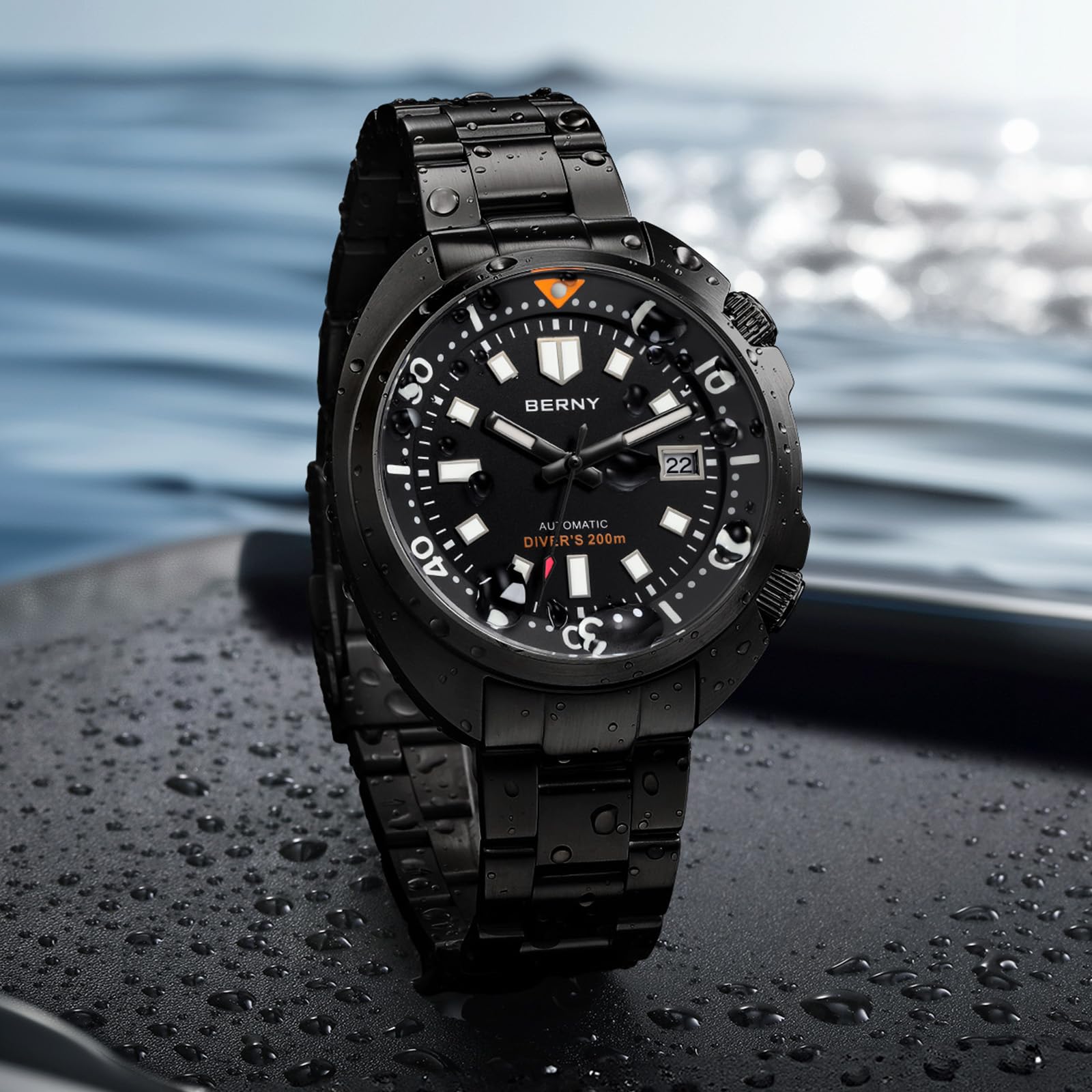 BERNY Reloj Automático Hombre Reloj De Buceo Todo Negro 200M Resistente Al Agua Reloj Analógico Mecánico De Pulsera Masculino con Fecha Super Luminosa Correa De Fluoroelastómero