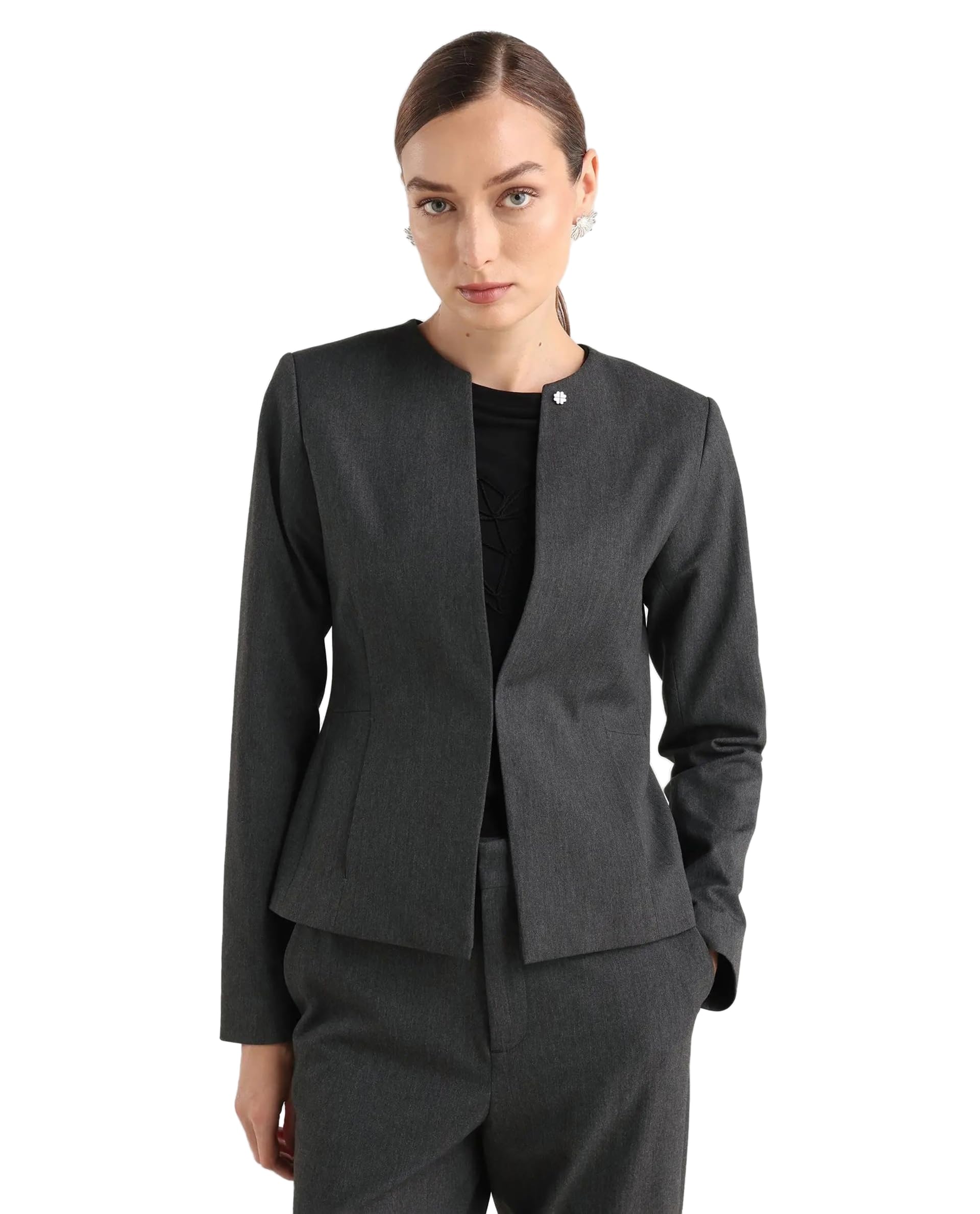 rareism Women Regular Fit Solid Grey Polyester Blend Collarless Long Sleeve Blazer-picture-25