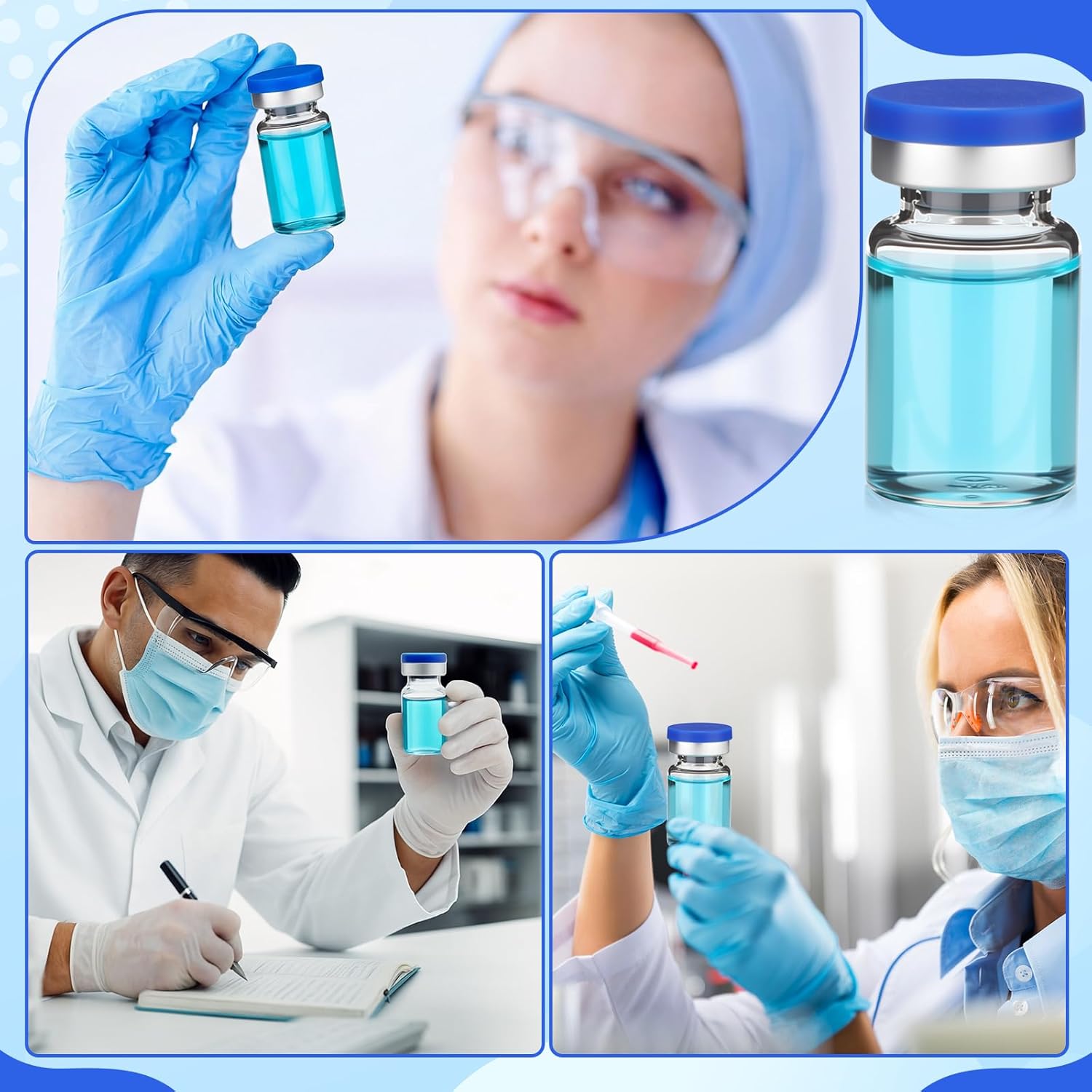 100 Pcs 5ml Sealed Empty Vials with Self Healing Injection Port Clear Glass Empty Vials with Plastic-aluminum Flip Caps and Rubber Injection Stoppers Flat Bottom Lab Vial(Blue Lid)