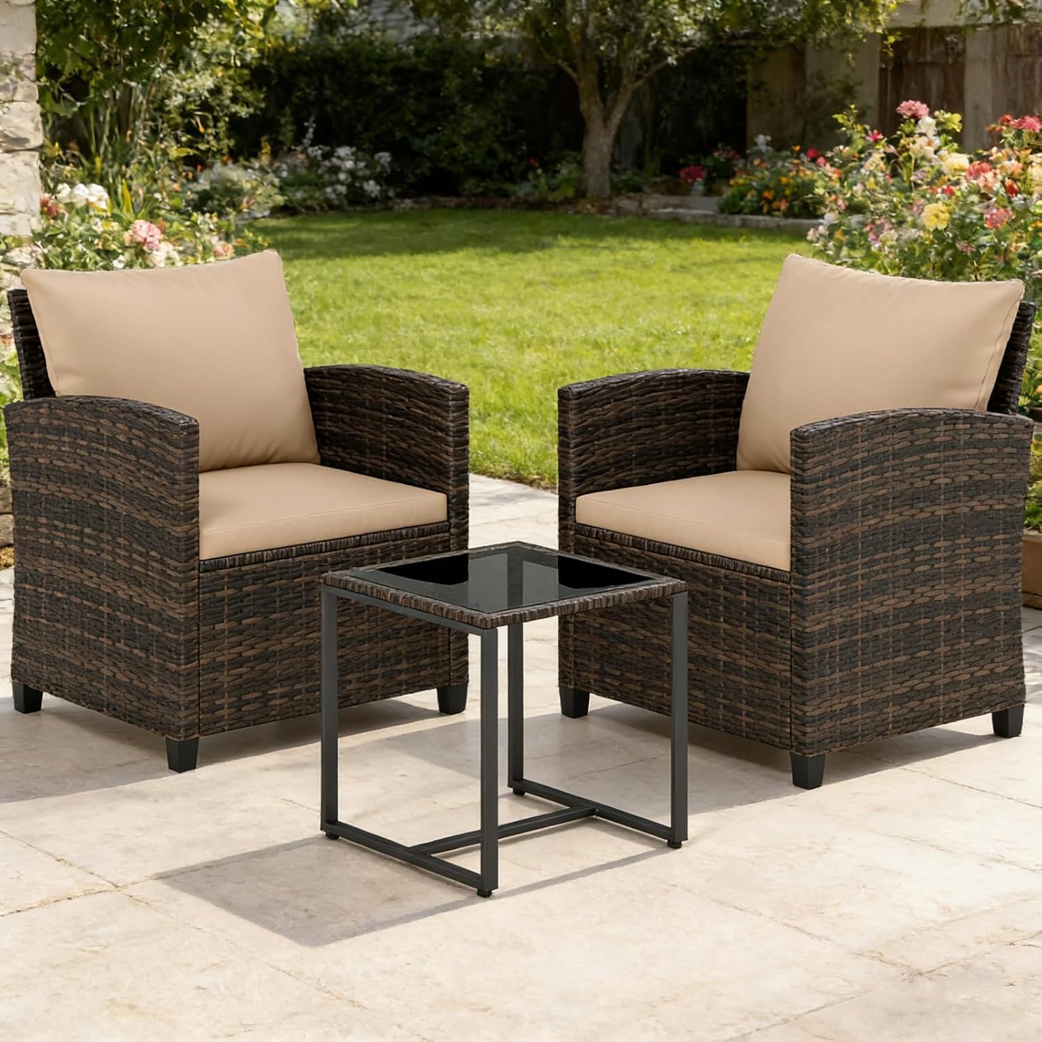 LIFEZEAL Set da Giardino Esterno in Rattan, 3 Pezzi, Salotto da Giardino con 2 Poltrone con 1 Tavolino, Cuscini Rimovibili, Arredo per Balcone, Terrazza, Patio, Cortile (Marrone+ocra)