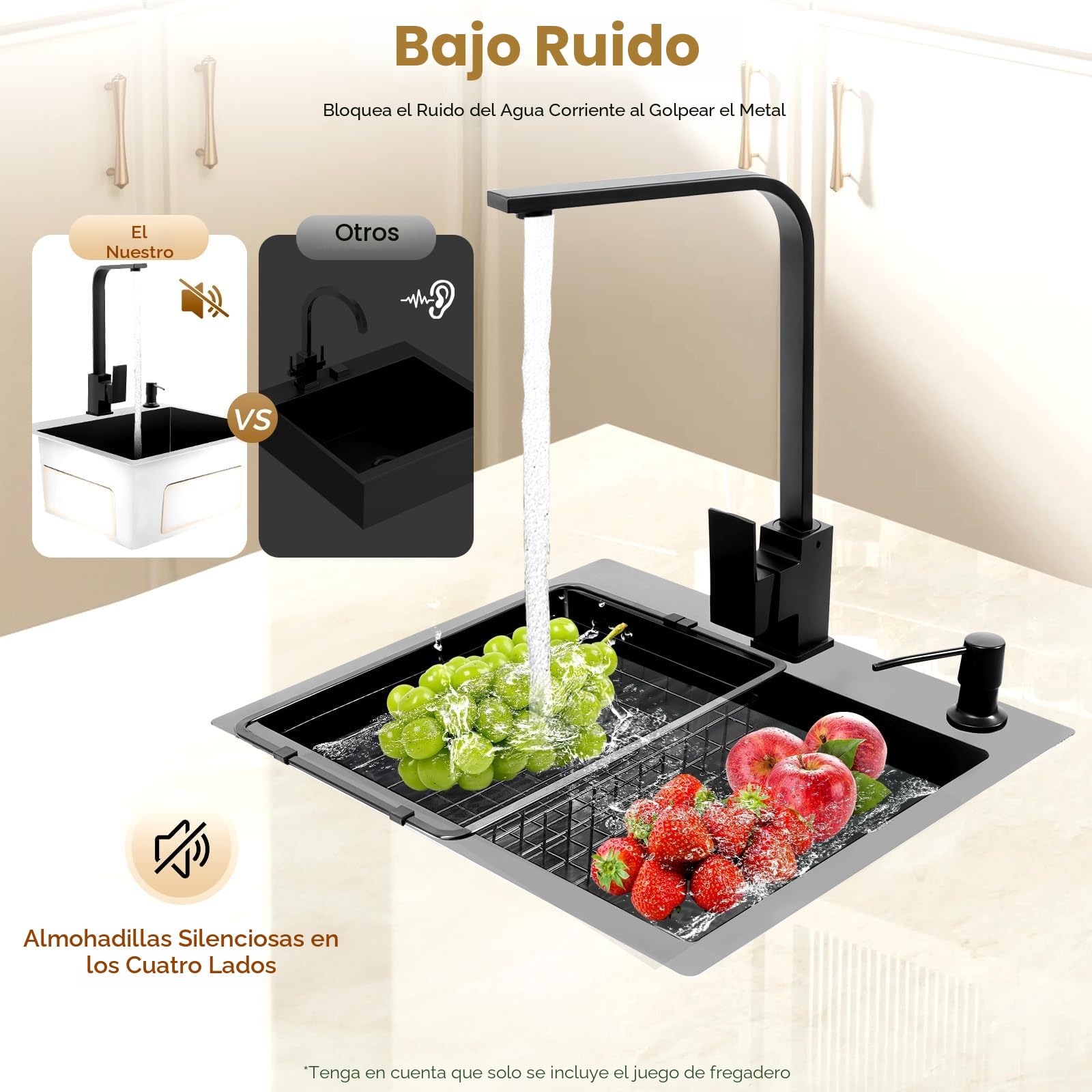 Fregadero de cocina negro, 45 x 40 cm, 1 cuenco, acero inoxidable, rectangular, moderno, empotrable, con escurridor, grifo, dispensador de jabón