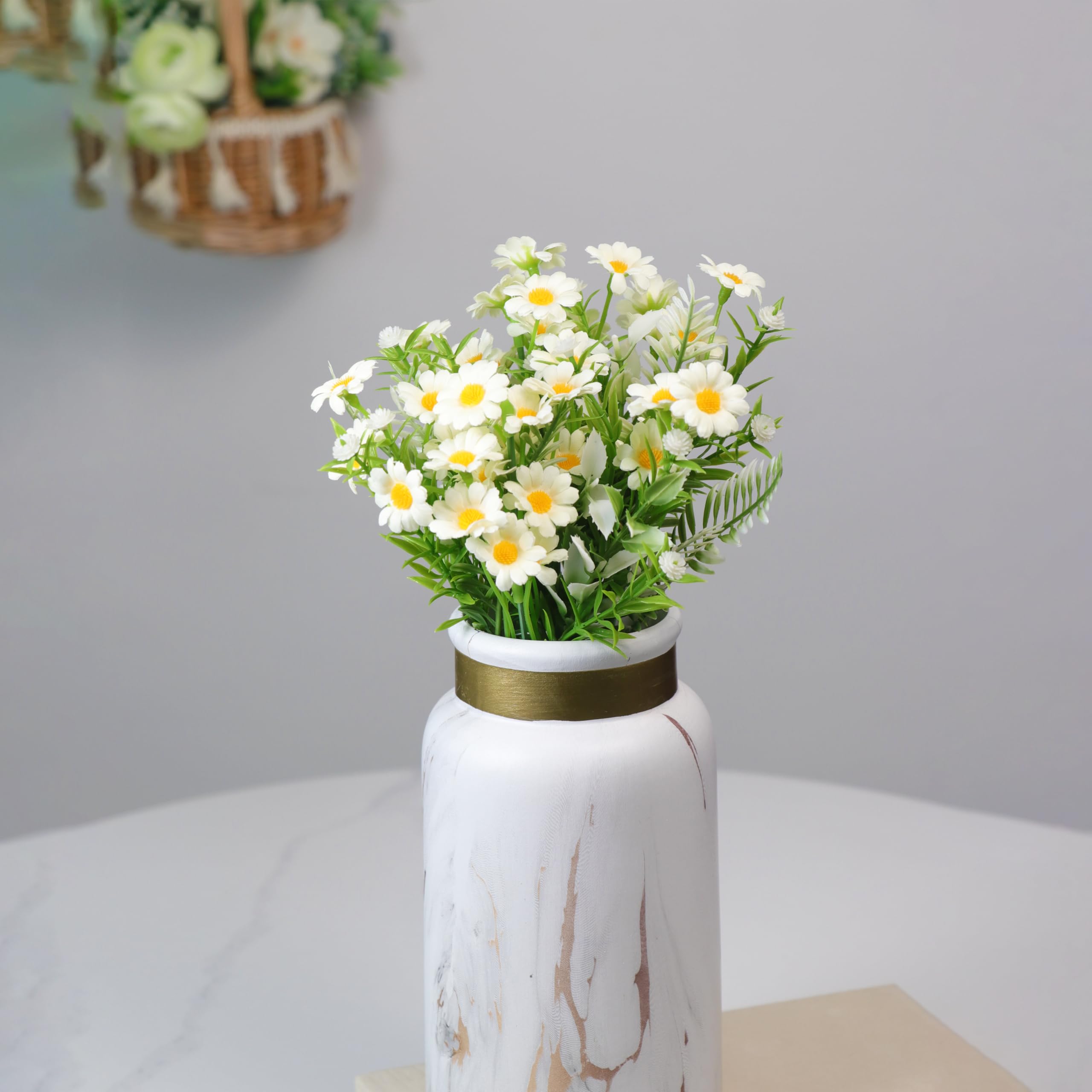 Artificial Flower Bunch Daisy Fake Flower Vintage Realistic Flowers for Home, Bedroom, Living Room & Office Decoration (Without Vase Pot) Polyester, White