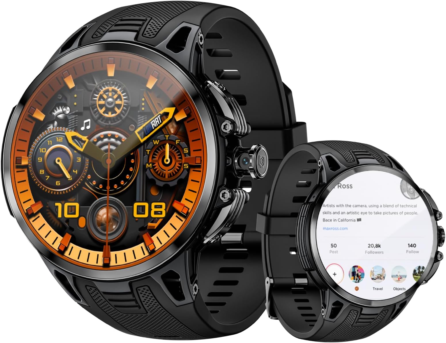 LOKMAT 4G SIM Card Android Smart Watch, 1.75" AMOLED 3GB+32GB Smart Watch Men Women Rotating Camera with WiFi GPS Small Cell Phone Fitness Activity Tracker Watch (Black)