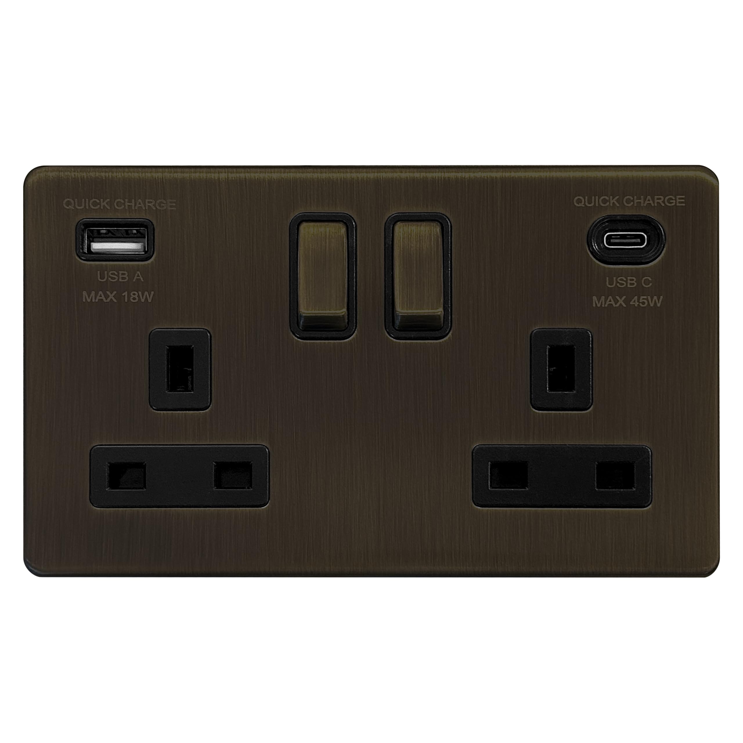 EVOGES Terra 2 Gang Switched Socket with USB-C 45W & USB-A Fast Charge – 13A Double Pole Wall Socket, Fits Standard UK Back Boxes (Slate Bronze)
