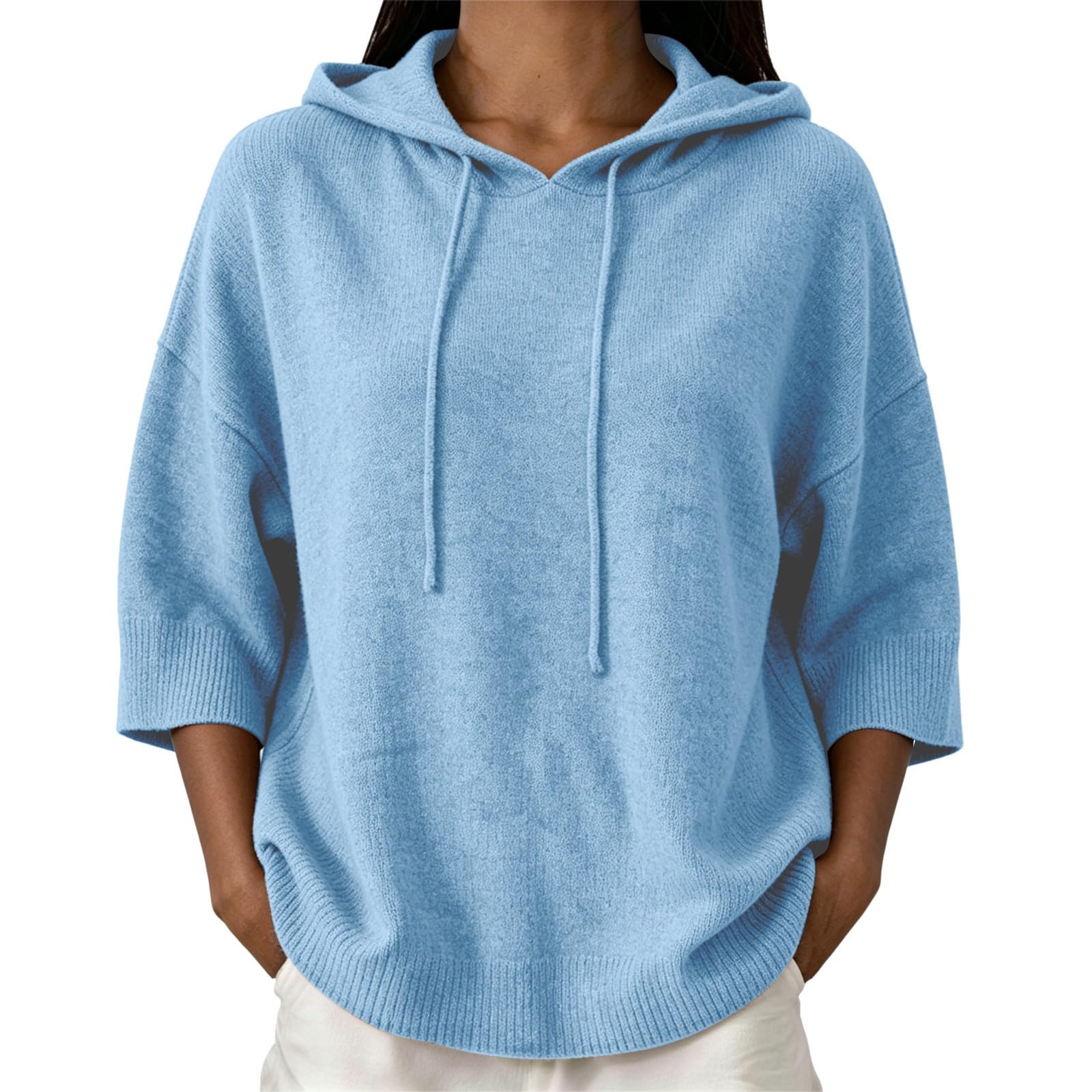 Generisch Hoodie Damen 3/4 Ärmel Strickhoodie Kapuzenpullover Sweatshirt locker Oversize Pullover Strickpullover mit Kapuze Herbst Winter Oberteil