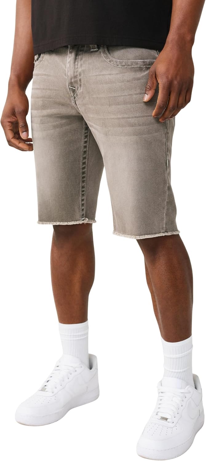 True Religion Men’s Ricky Frayed Hem Denim Short – Relaxed Fit, Horseshoe Detailing, Raw-Cut Hem – Plankton Grey Wash, 28