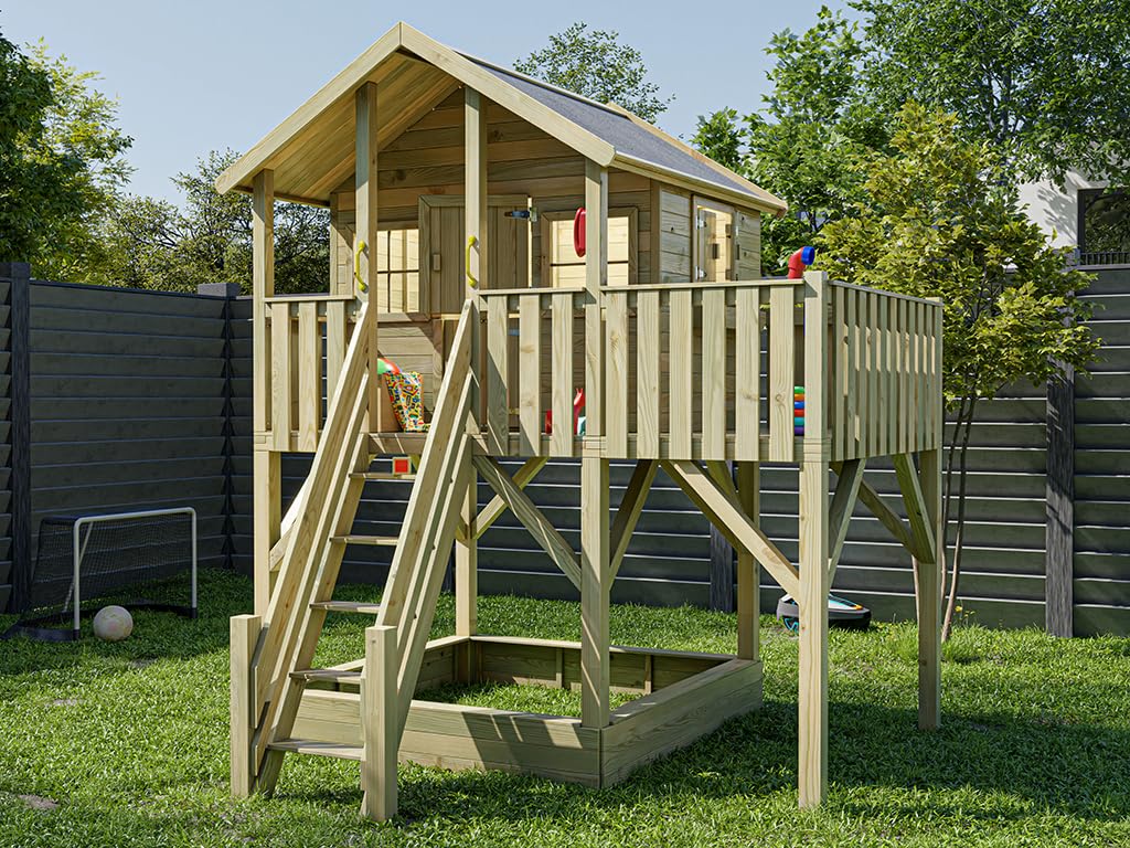 Stelzenhaus Big House XL | 288,5x292,7x322,7 cm | KDI Kiefernholz | Mit Sandkasten, Veranda & Balkon | 150 cm Podest | Kinder Outdoor Spielhaus