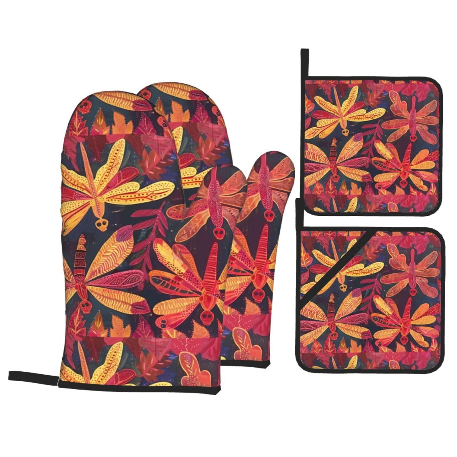 YYHWHJDE Summer Dragonfly Printed Kitchen Baking Set of 4 Thick Insulated Oven Mitt & Pot Holders, Anti-Scalding for Microwave, Oven, Outdoor BBQ