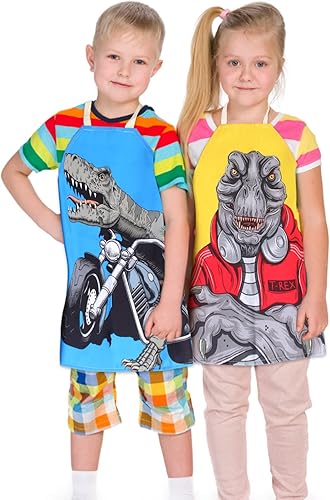 Miniatura 5 de Delantales de dinosaurio para niños, paquete de 4 delantales impermeables con patrón de dinosaurio para niños y niñas, Multicolor, Estándar