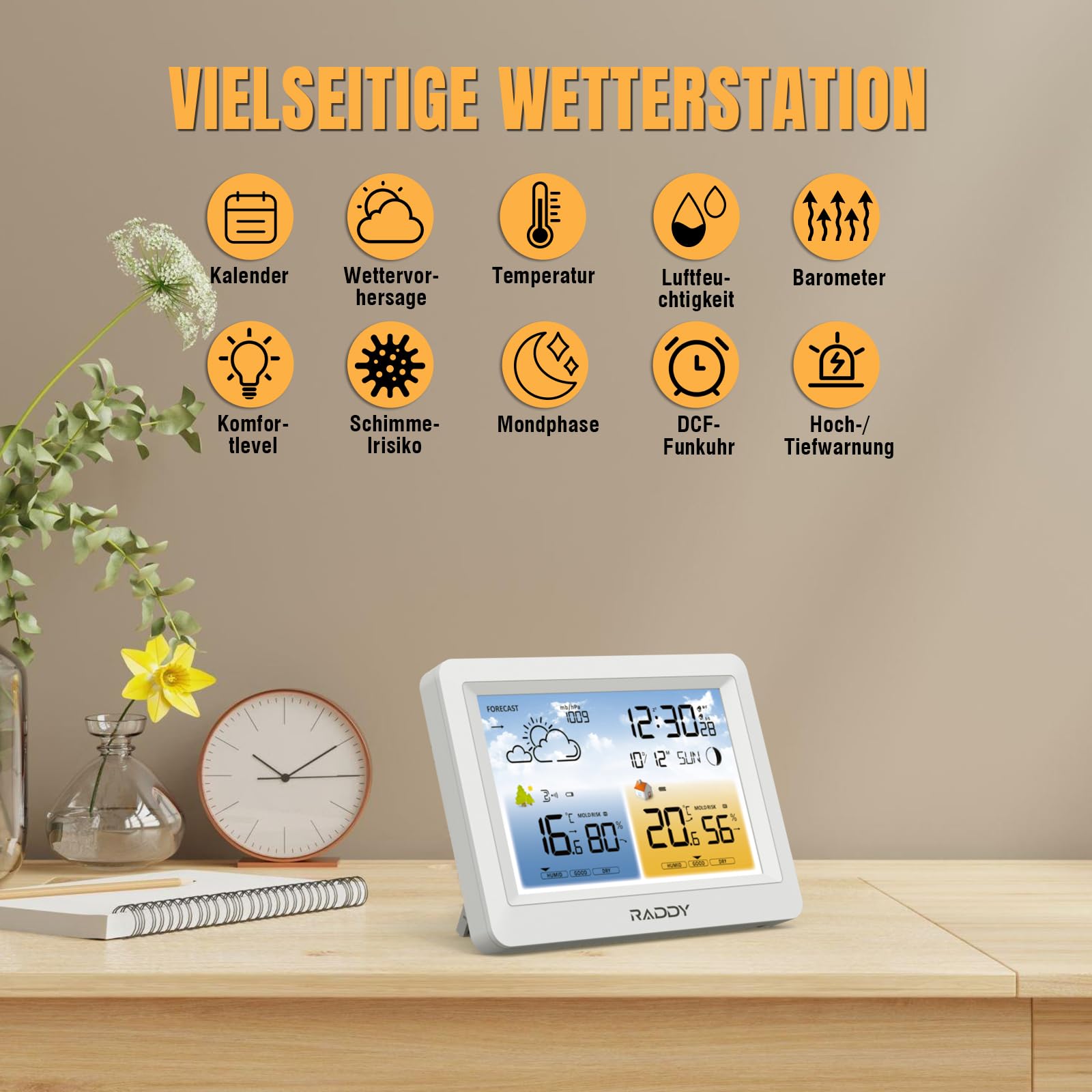 Raddy WM6 Wetterstation funk mit Außensensor Wireless Indoor Outdoor Thermometer Hygrometer Barometer mit eingebautem 2000mAh Akku, DCF-Funkuhr, Wettervorhersage, Schimmelpilzwarnung für Zuhause