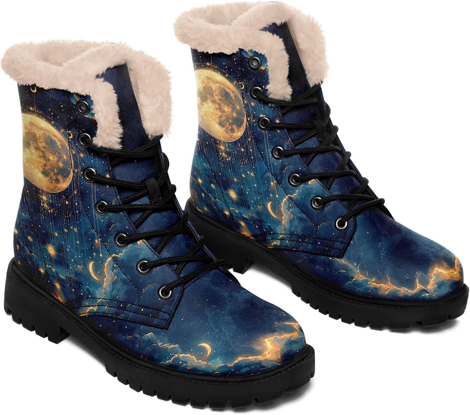 Women's Sun and Moon Winter Boots Celestial Faux Leather Ankle Boots Warm Fur Lining Non-Slip Boho Lace-Up Snow Booties - Image 3