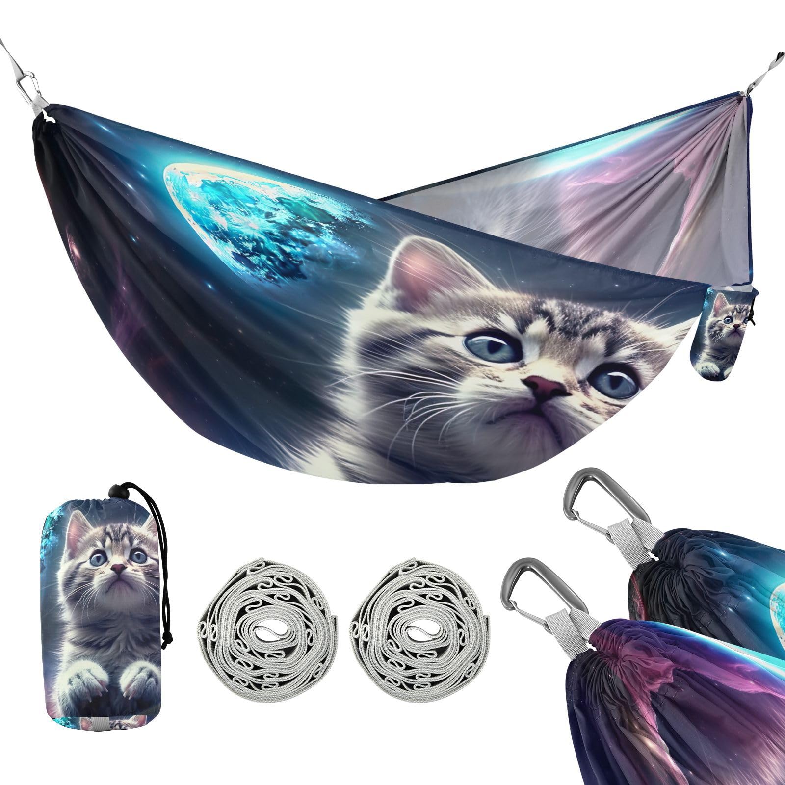 SDMKA Cat on The Moon Camping Hammock, 330 lbs with 2 Tree Straps, Carry Bag, Single Portable Hammock for Outdoor/Indoor, Hiking, Beach, Backpacking, Travel