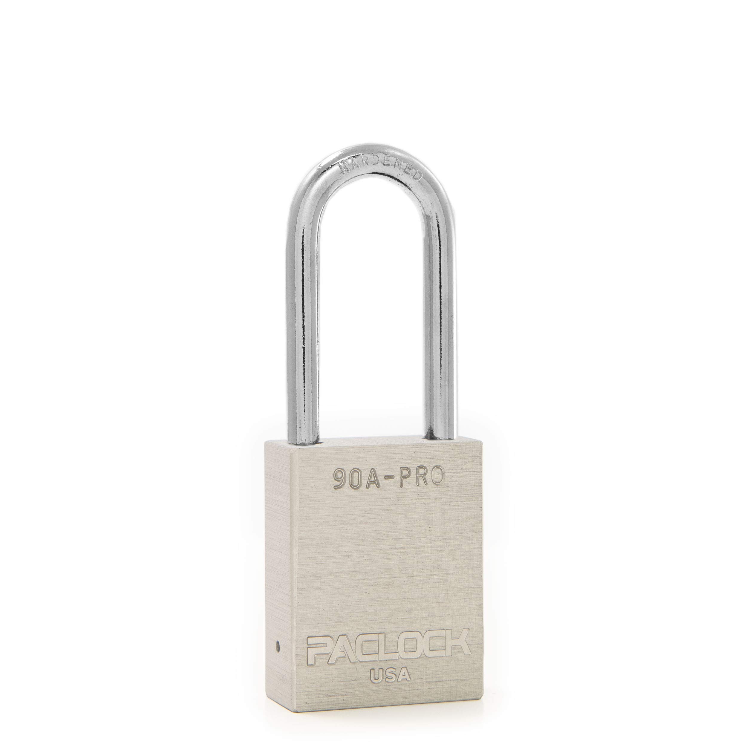 PACLOCK's 90A-PRO Padlock, 1/4" Diameter Hard. Steel Shackle, 2" Tall, High Performance 7-Pin Cylinder w/ 1 Key, Keyed Alike, Silver